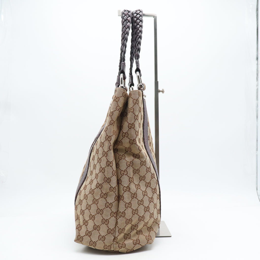 Brown Gucci GG Canvas Bamboo Libeccio Tote Bag Leather B21110