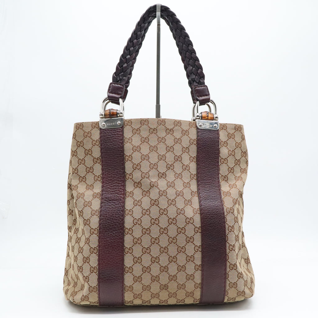 Brown Gucci GG Canvas Bamboo Libeccio Tote Bag Leather B21110