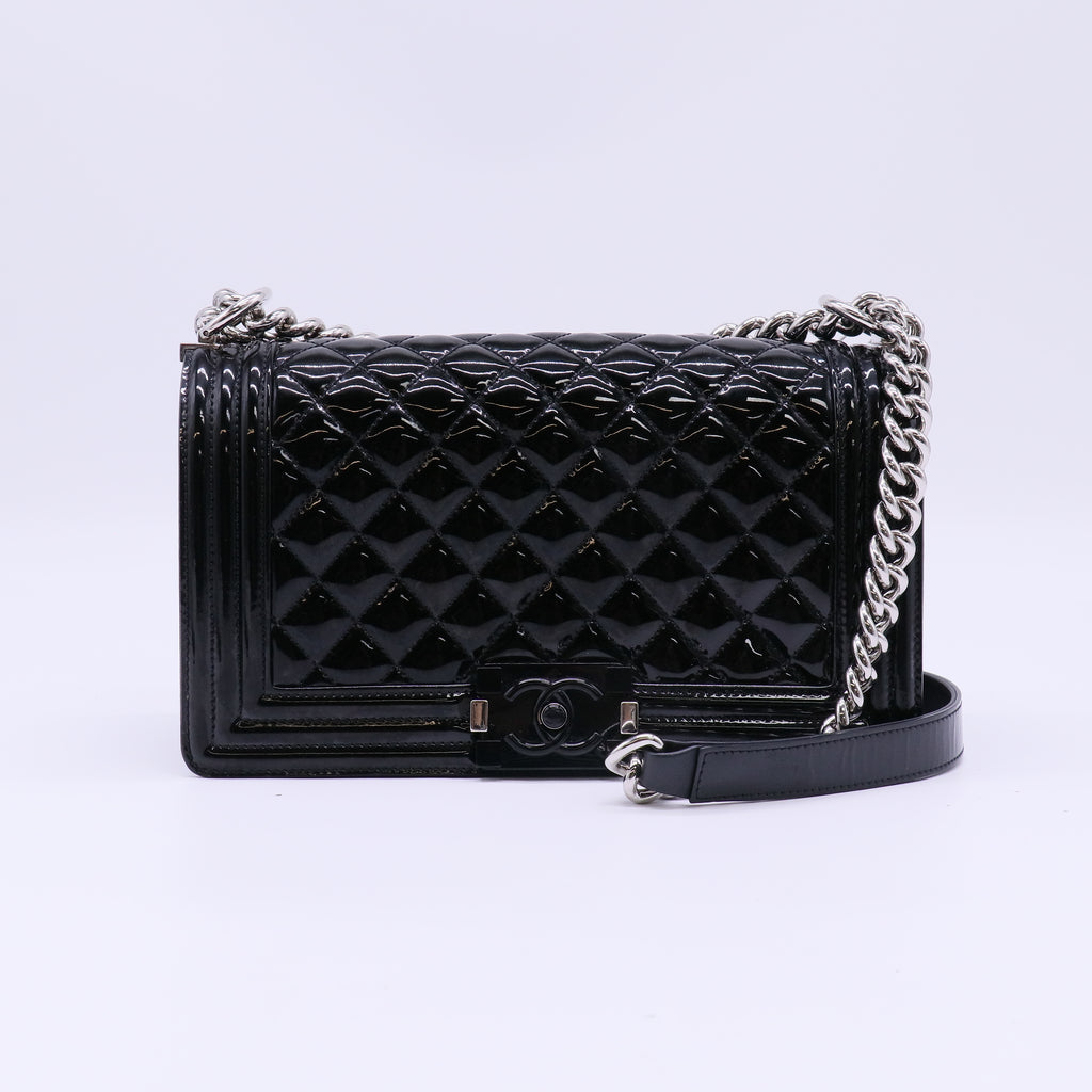 Chanel Boy Flap Bag Quilted Patent Old Medium Black B23003