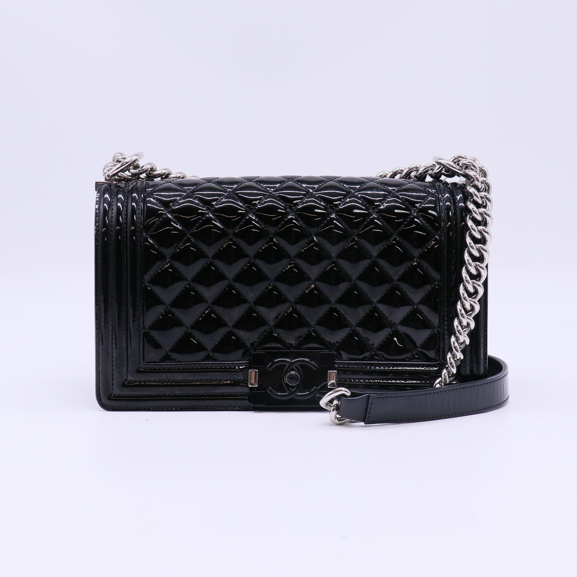 Chanel Boy Flap Bag Quilted Patent Old Medium Black B23003