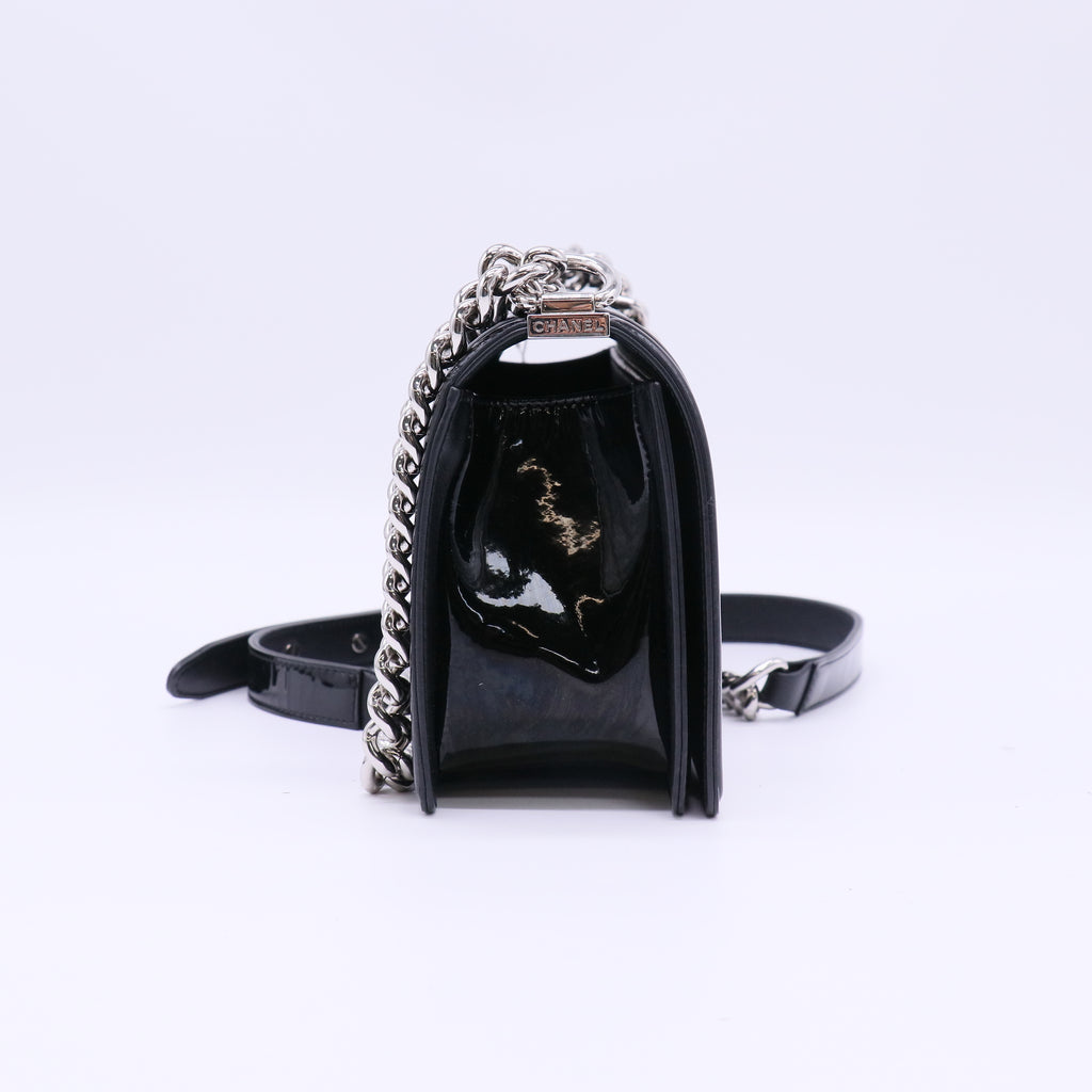 Chanel Boy Flap Bag Quilted Patent Old Medium Black B23003