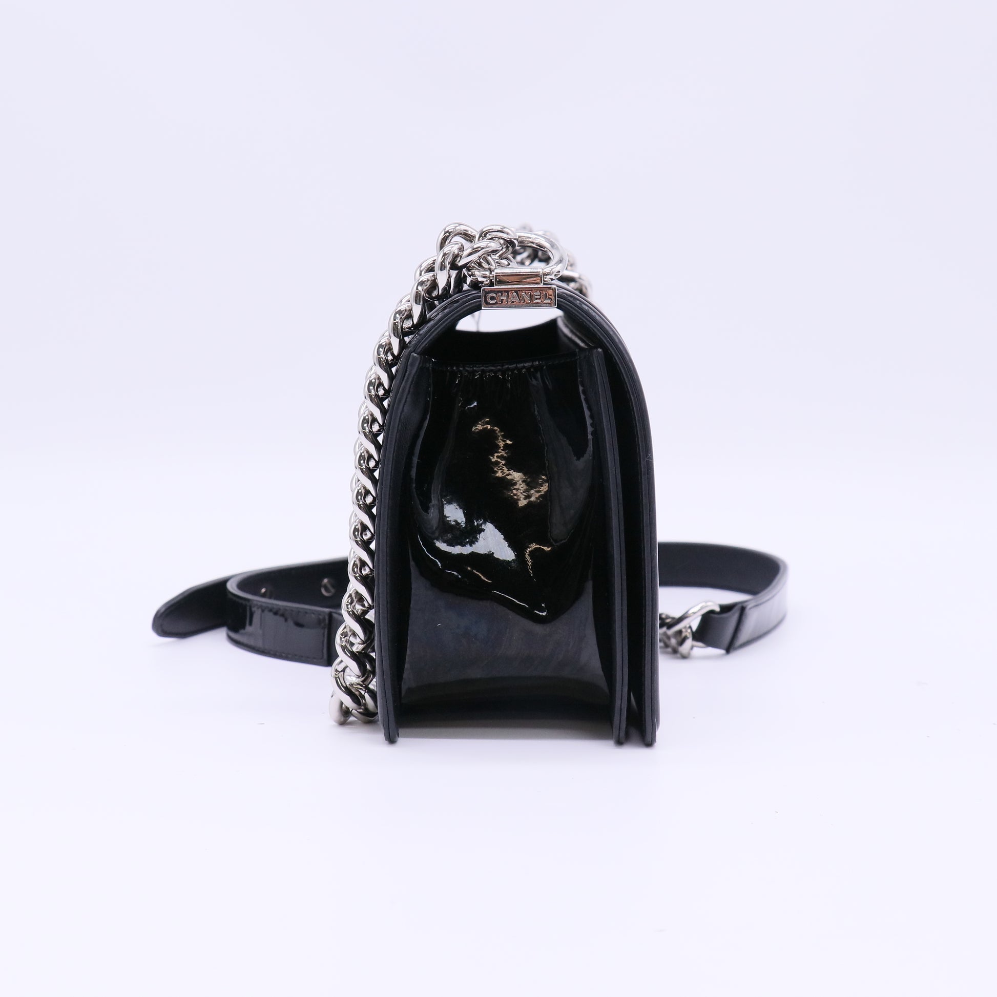 Chanel Boy Flap Bag Quilted Patent Old Medium Black B23003