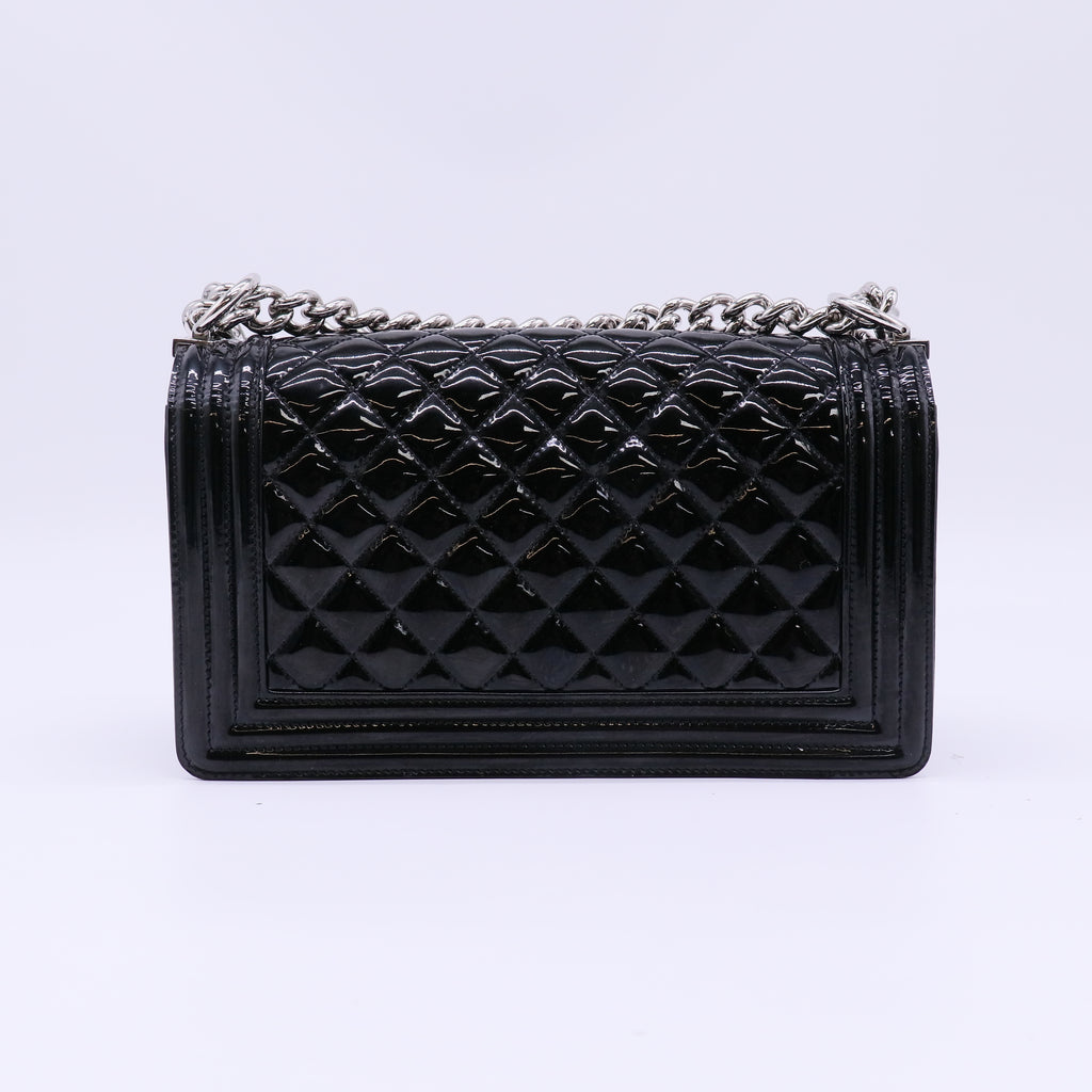 Chanel Boy Flap Bag Quilted Patent Old Medium Black B23003