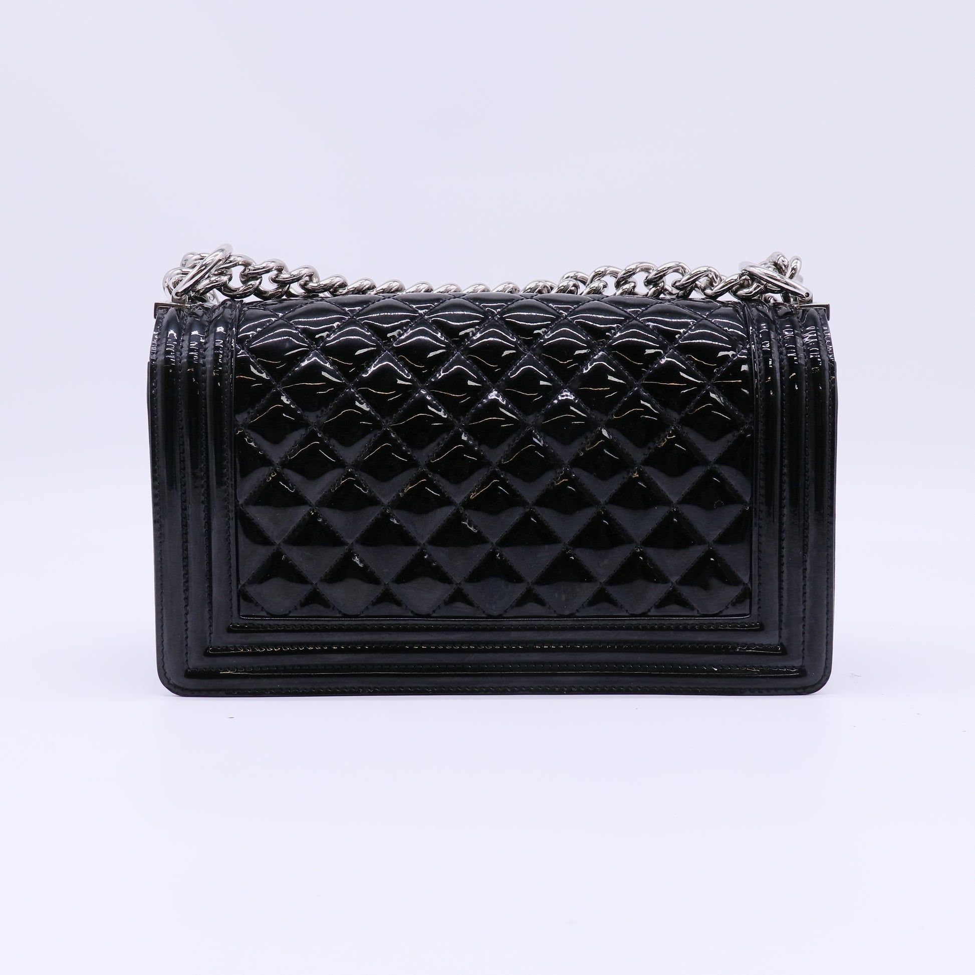 Chanel Boy Flap Bag Quilted Patent Old Medium Black B23003