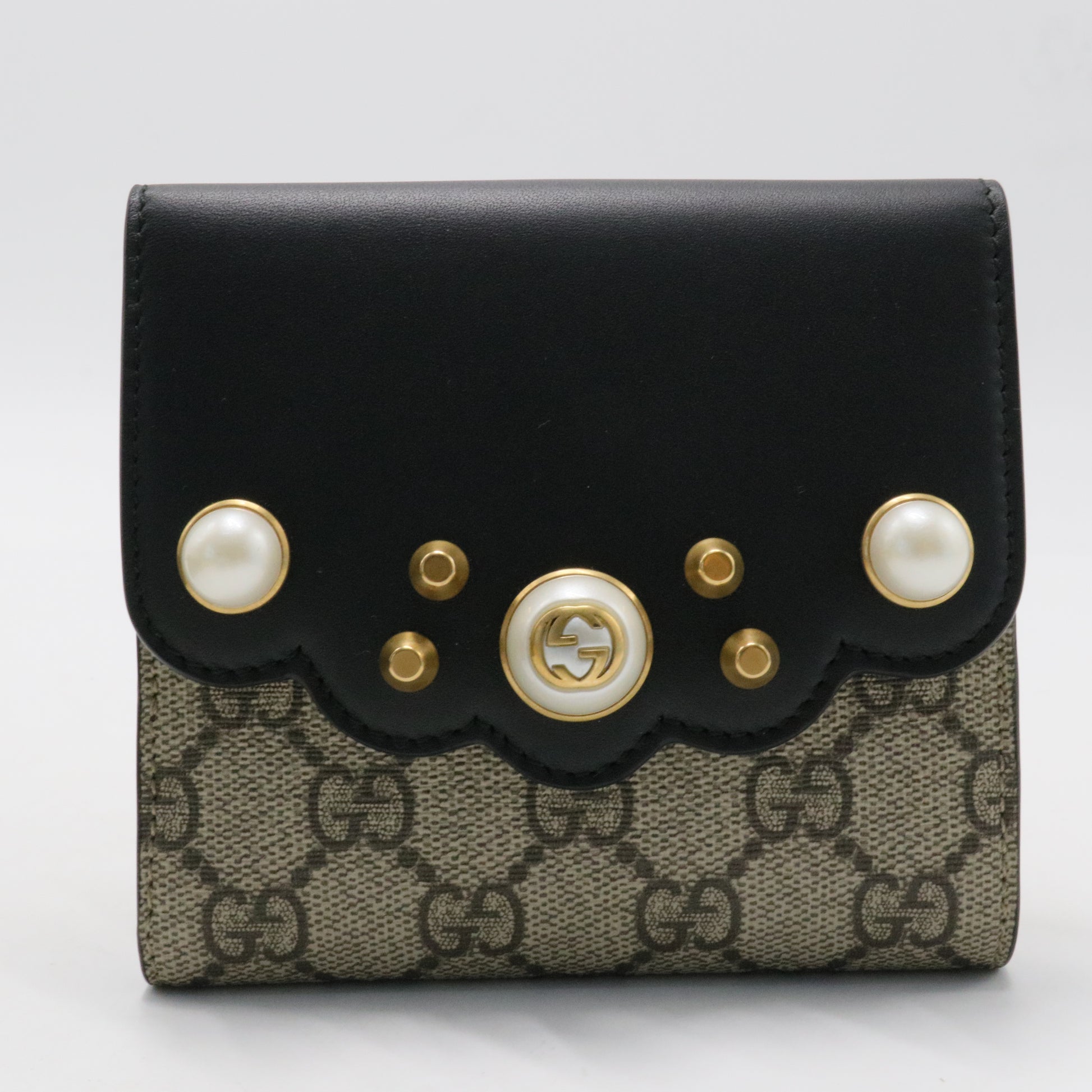 GG Supreme Monogram Pearl Studded French Wallet