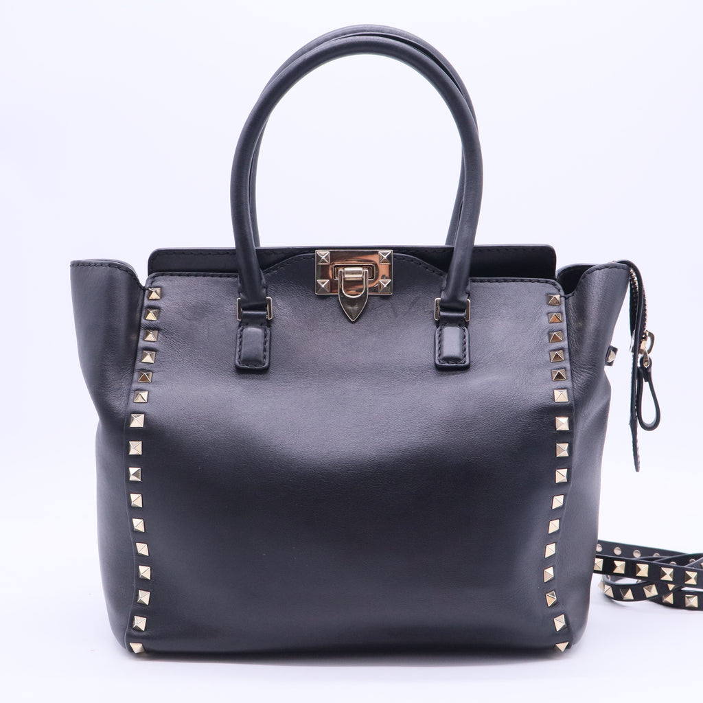 Valentino Black Leather Rockstud Trapeze Tote B12323