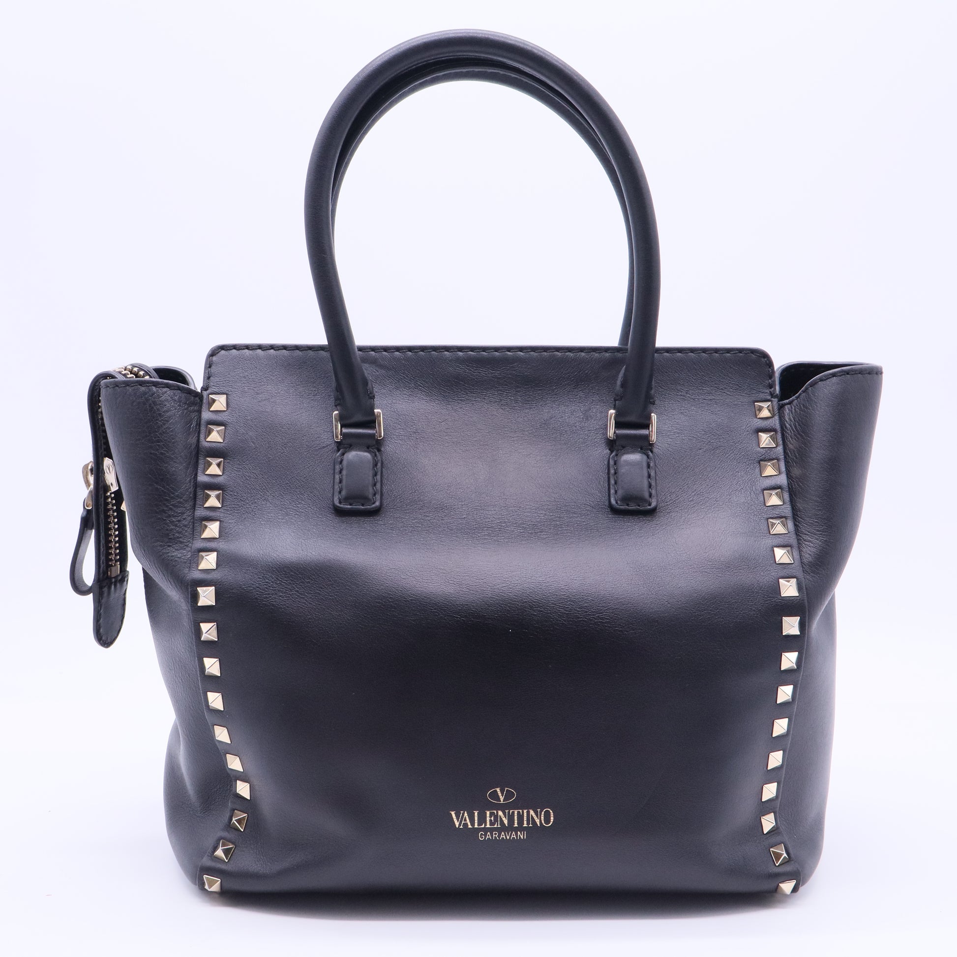 Valentino Black Leather Rockstud Trapeze Tote B12323