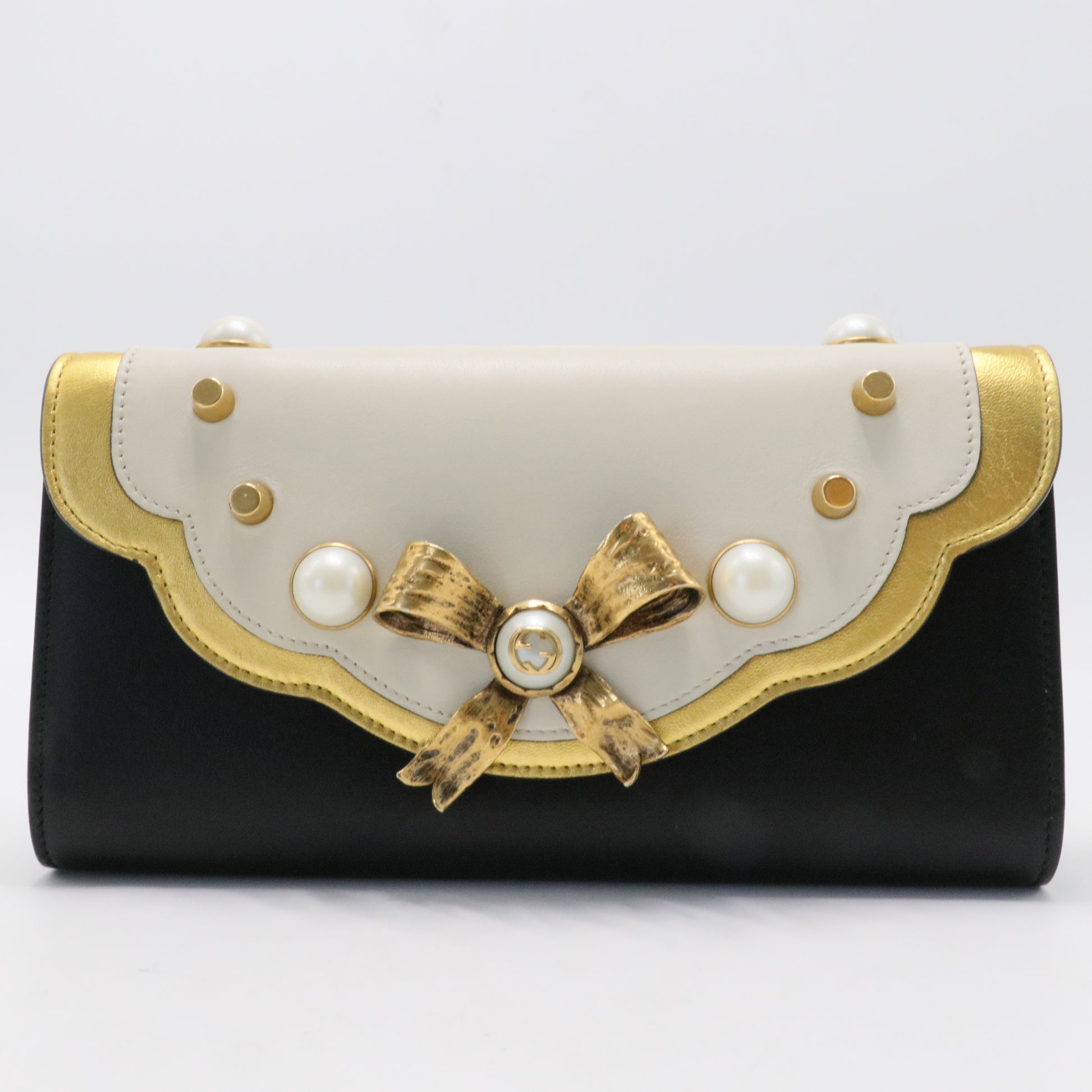 Calfskin Peony Pearl Bow Clutch Bag