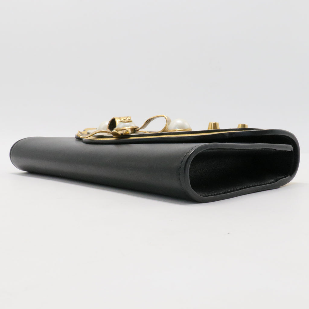 Calfskin Peony Pearl Bow Clutch Bag