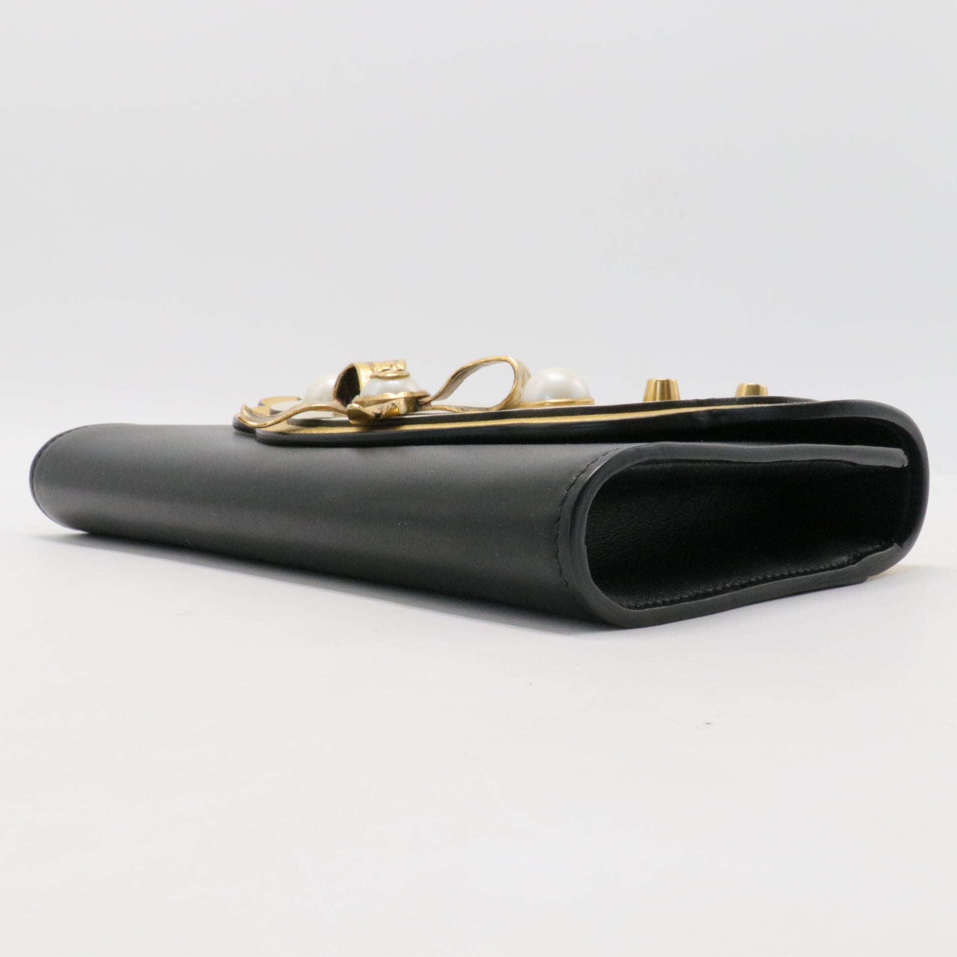 Calfskin Peony Pearl Bow Clutch Bag