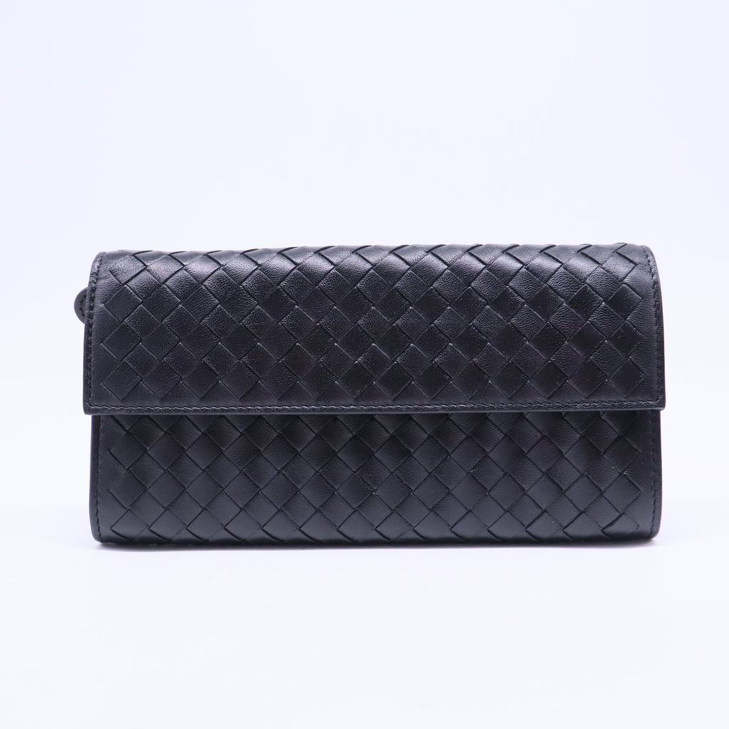 Bottega Veneta Black Intrecciato Leather Flap Continental Wallet W20545
