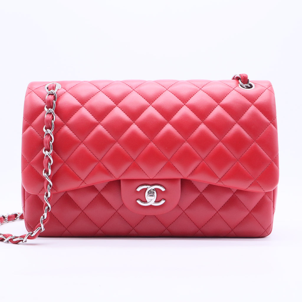 Red Quilted Lambskin Leather Classic Jumbo Double Flap Bag