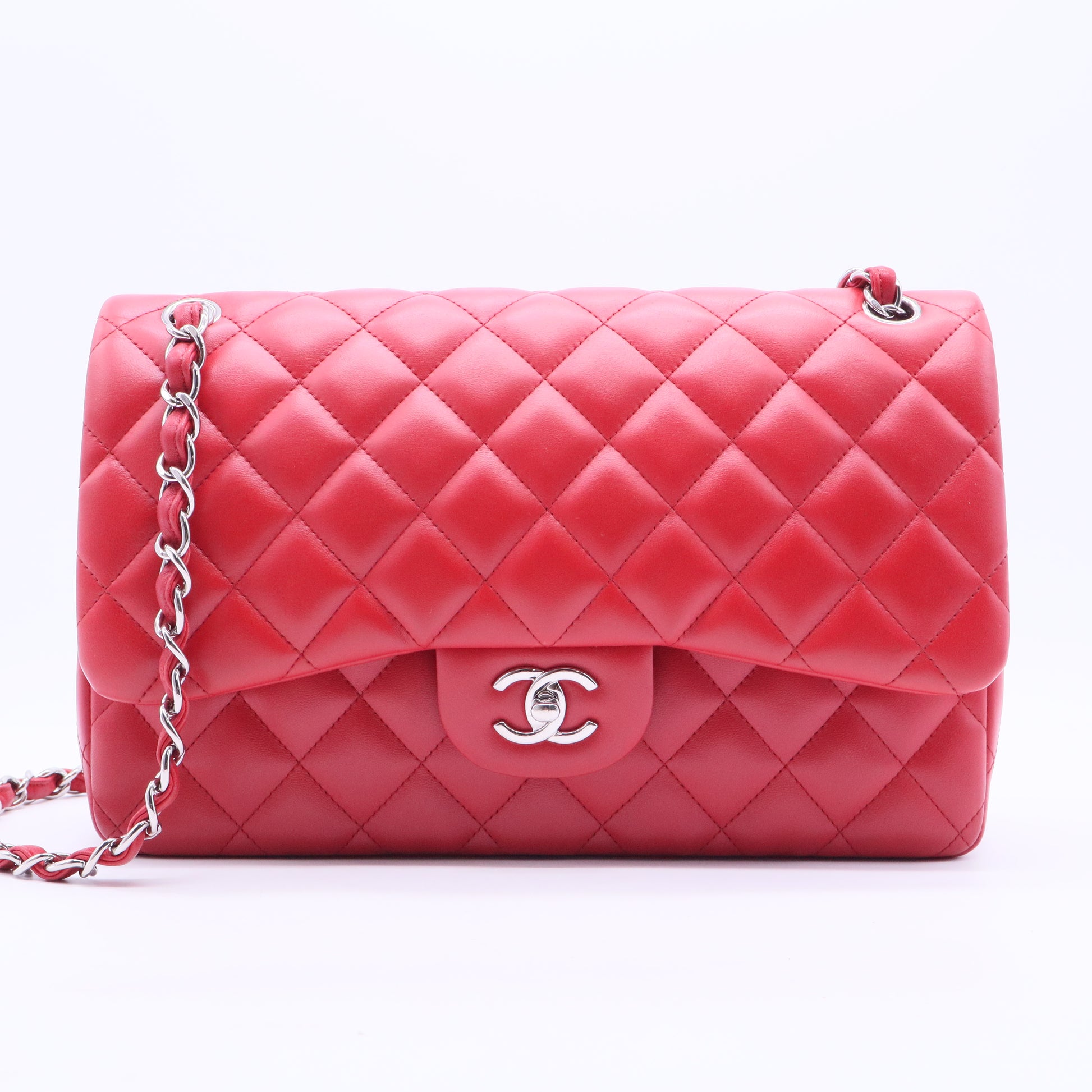 Red Quilted Lambskin Leather Classic Jumbo Double Flap Bag