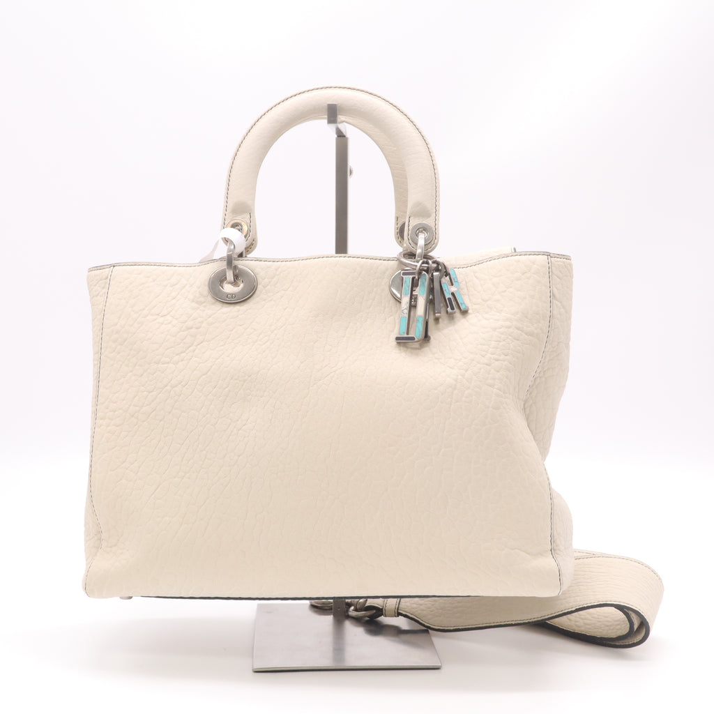 Christian Dior White Pebbled Leather Supple Large Lady Dior Bag twins B22921