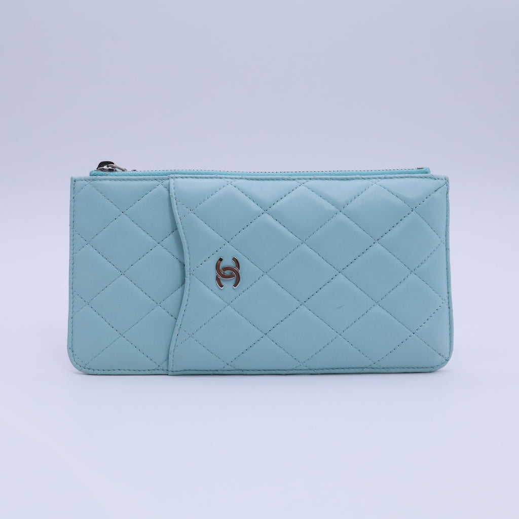 Caviar Quilted Classic Flat Wallet Pouch Light Blue twins