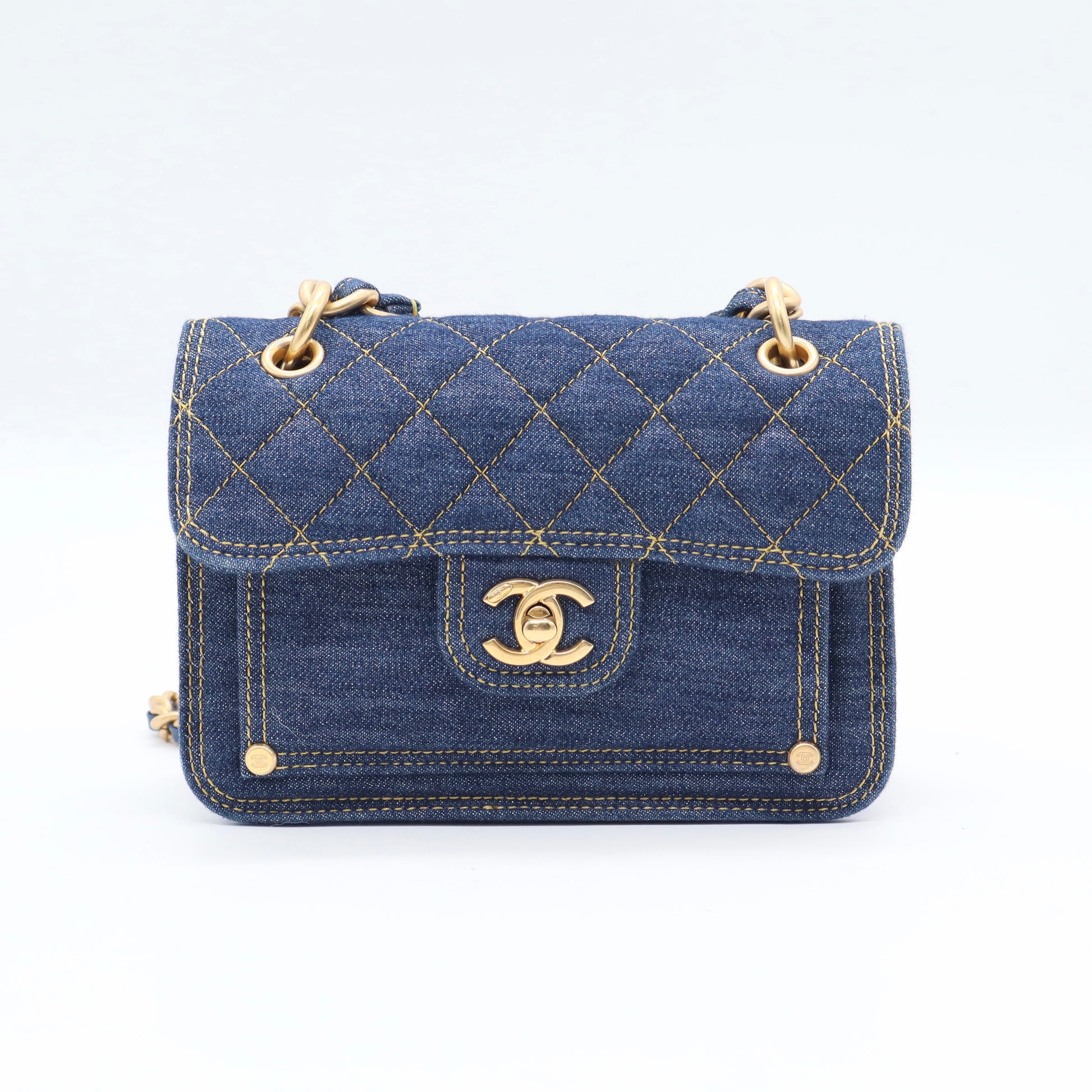 Denim Quilted Double You Mini Flap Blue Golden TWINS  LDJ3353