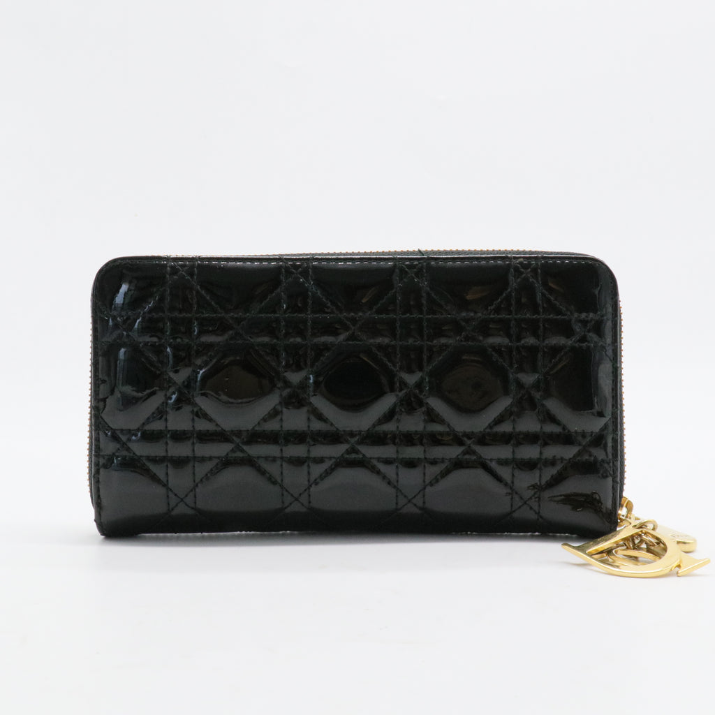 Black Cannage Quilted Patent Leather Zip Around Lady Dior Wallet