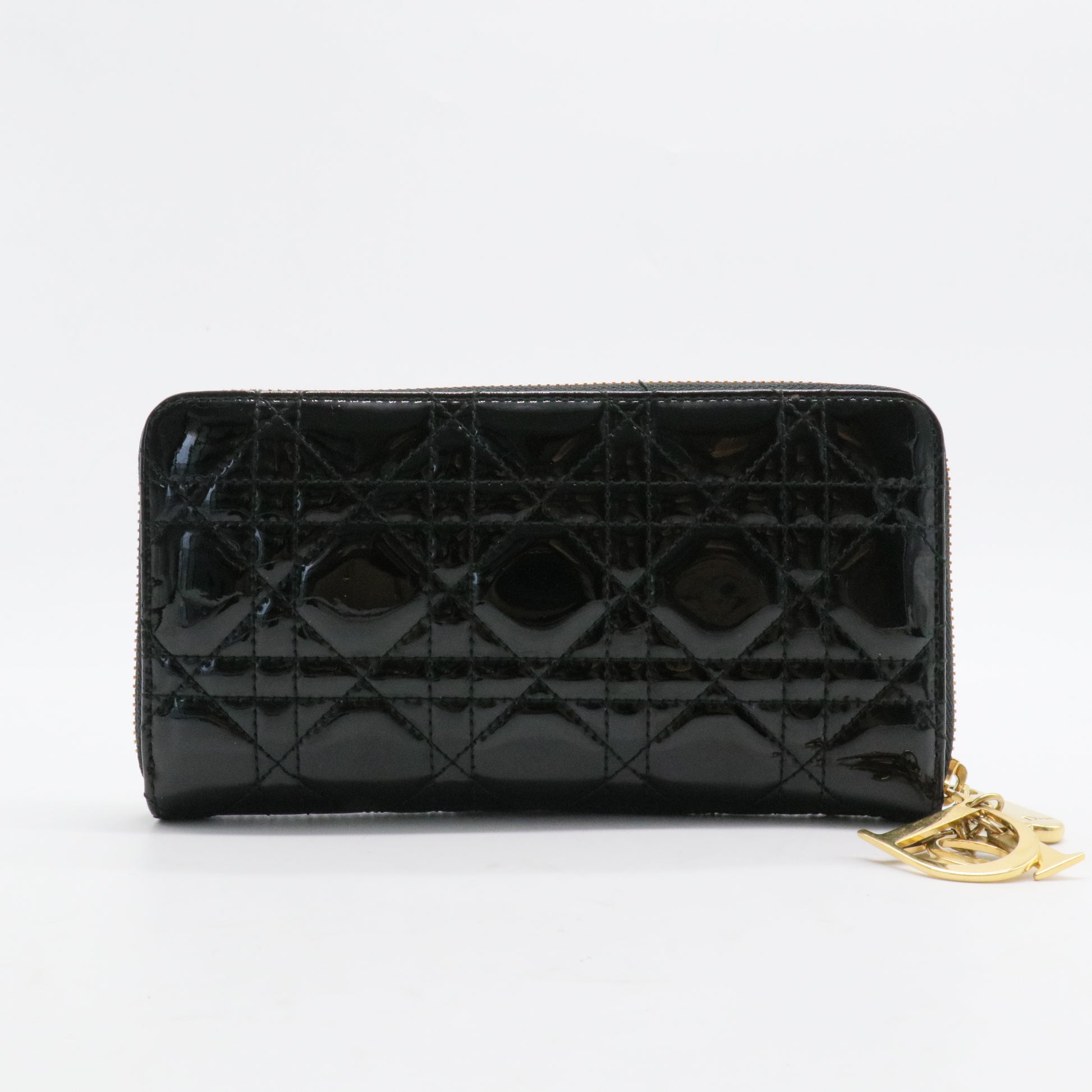 Black Cannage Quilted Patent Leather Zip Around Lady Dior Wallet