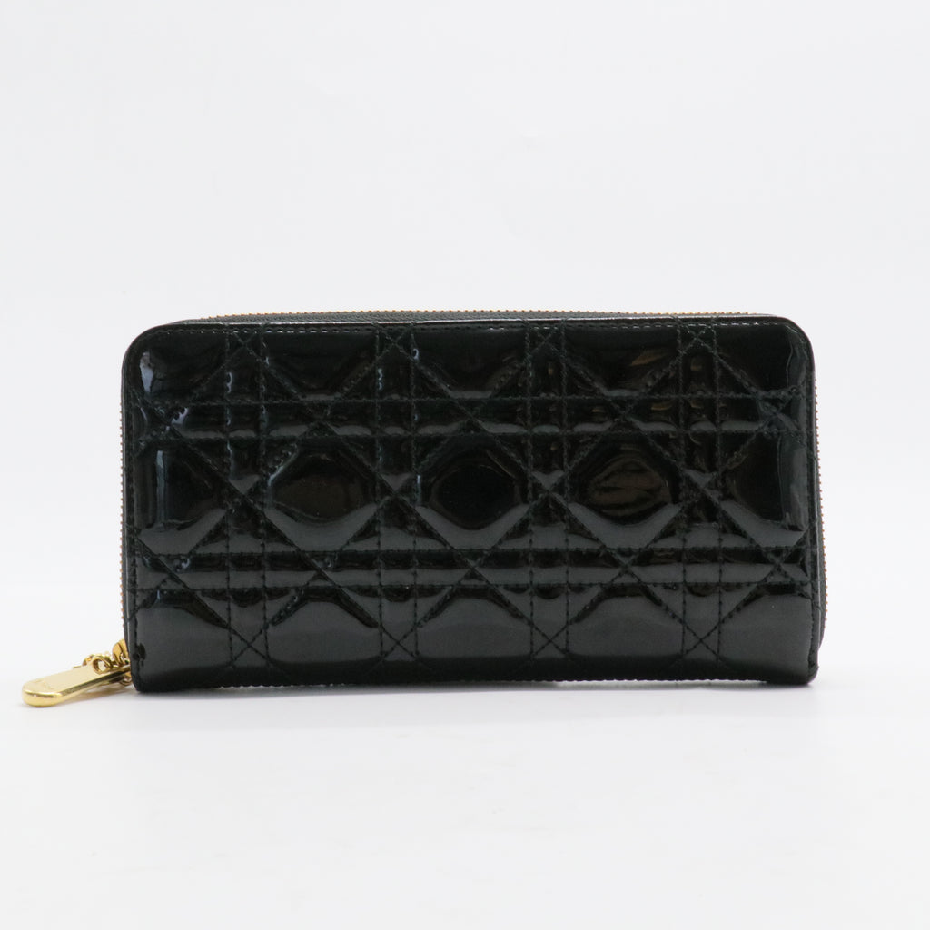 Black Cannage Quilted Patent Leather Zip Around Lady Dior Wallet