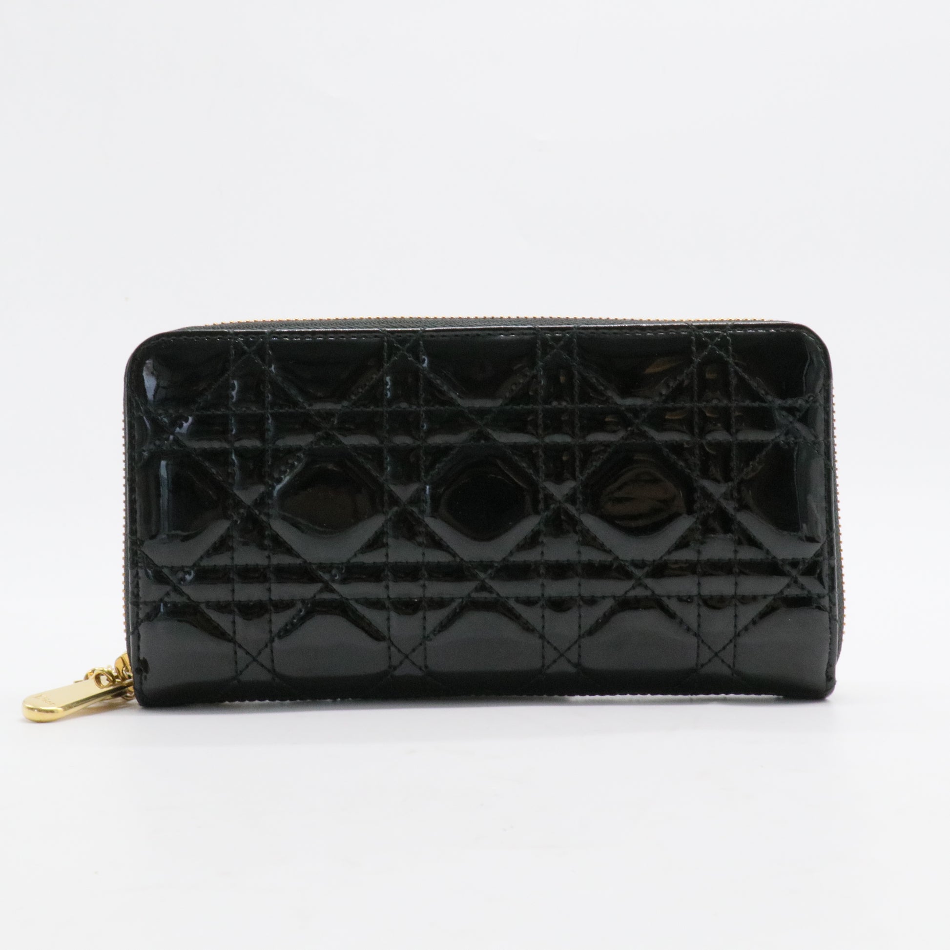 Black Cannage Quilted Patent Leather Zip Around Lady Dior Wallet