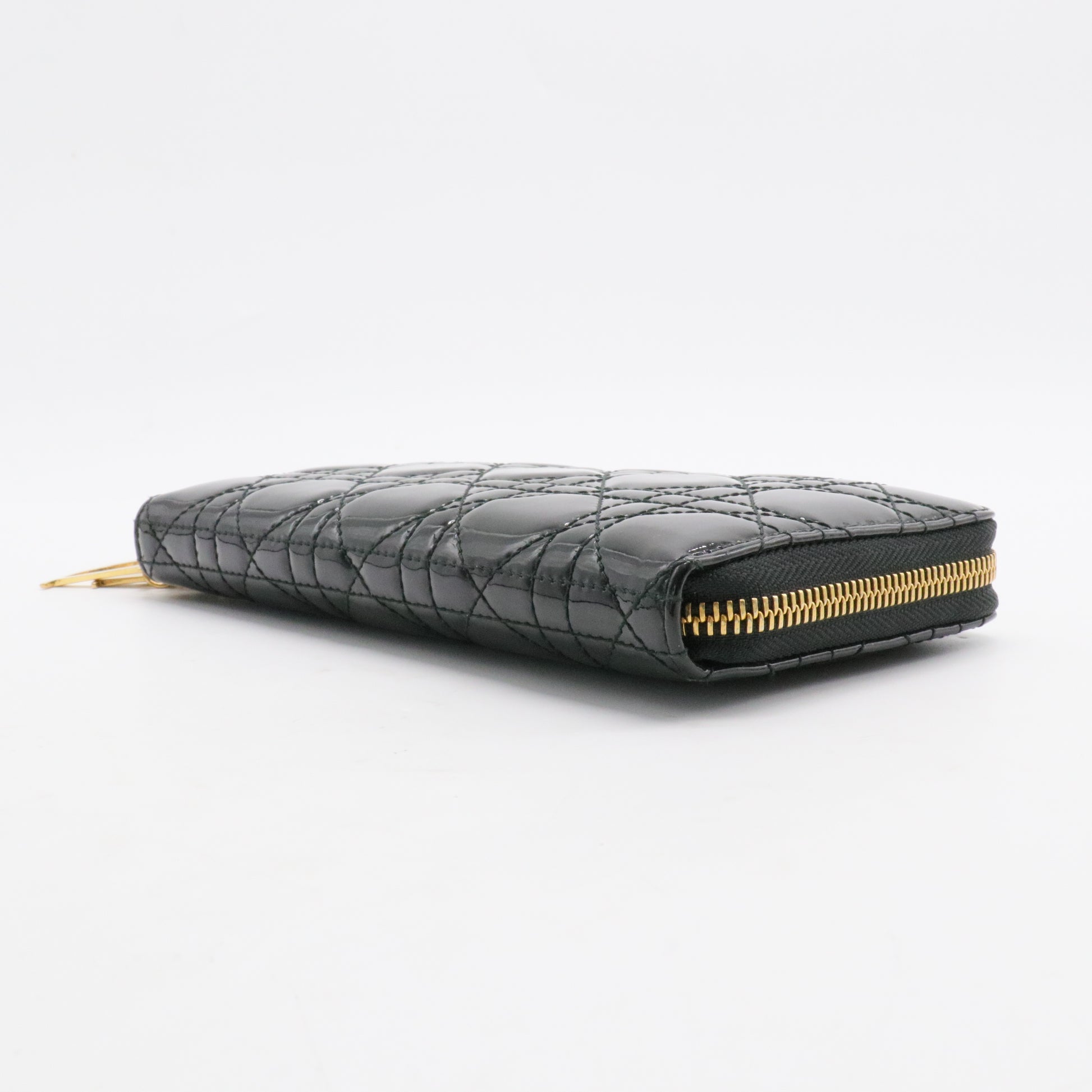 Black Cannage Quilted Patent Leather Zip Around Lady Dior Wallet