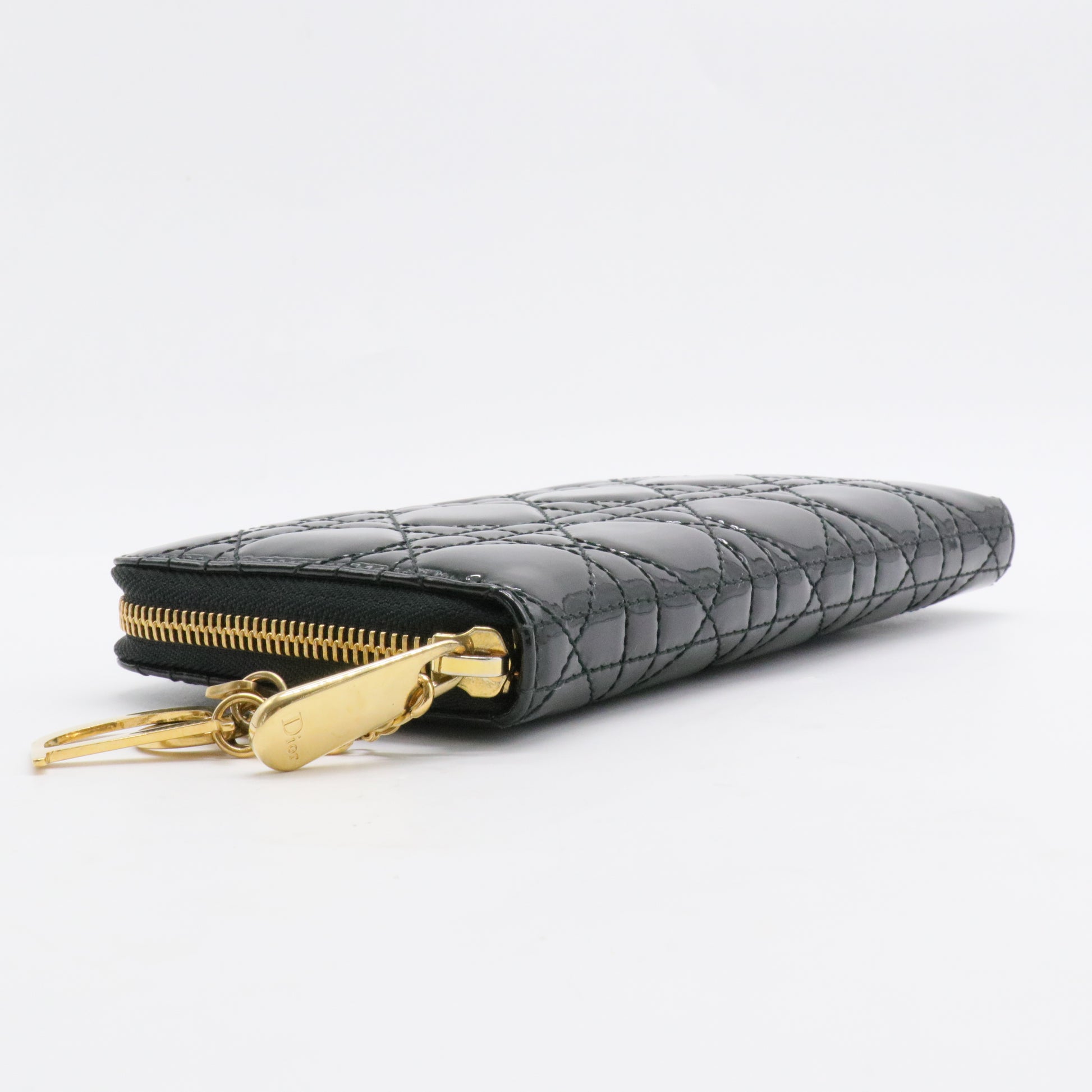 Black Cannage Quilted Patent Leather Zip Around Lady Dior Wallet