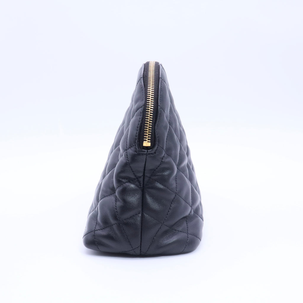 Calfskin Quilted Embroidered Cassandre Large Cosmetic Pouch Black twins