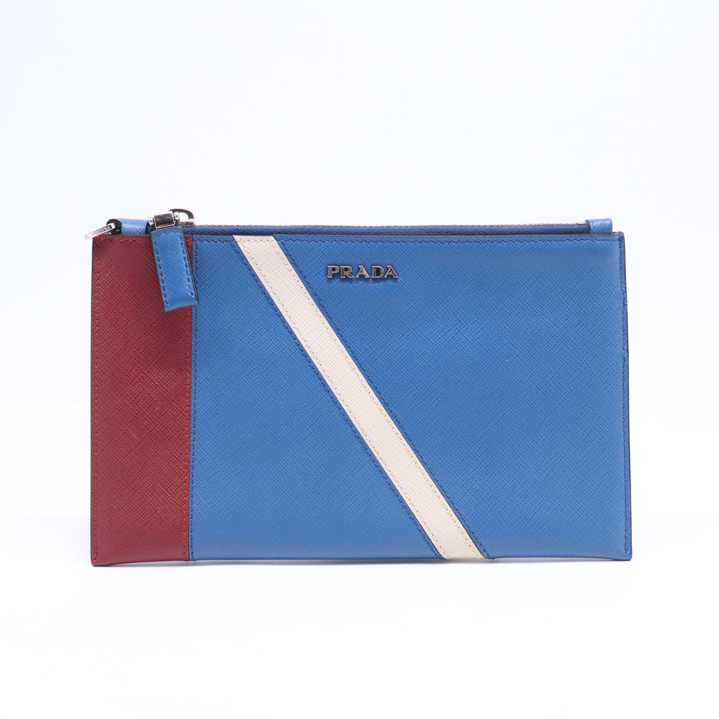 Prada Tricolor Saffiano Leather Zip Flat Pouch W21199