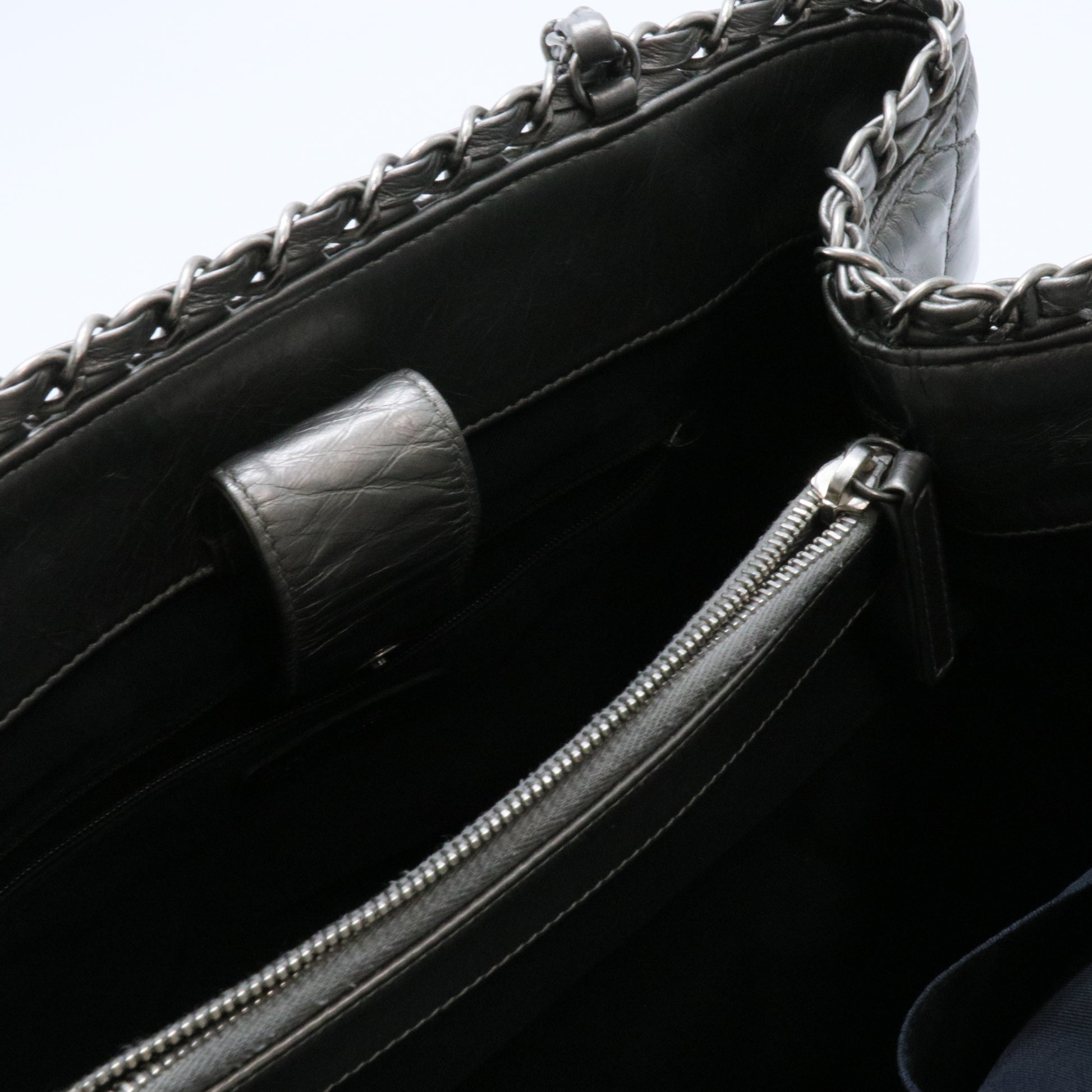 Metallic Aged Calfskin Quilted Small Chain Me Tote Silver