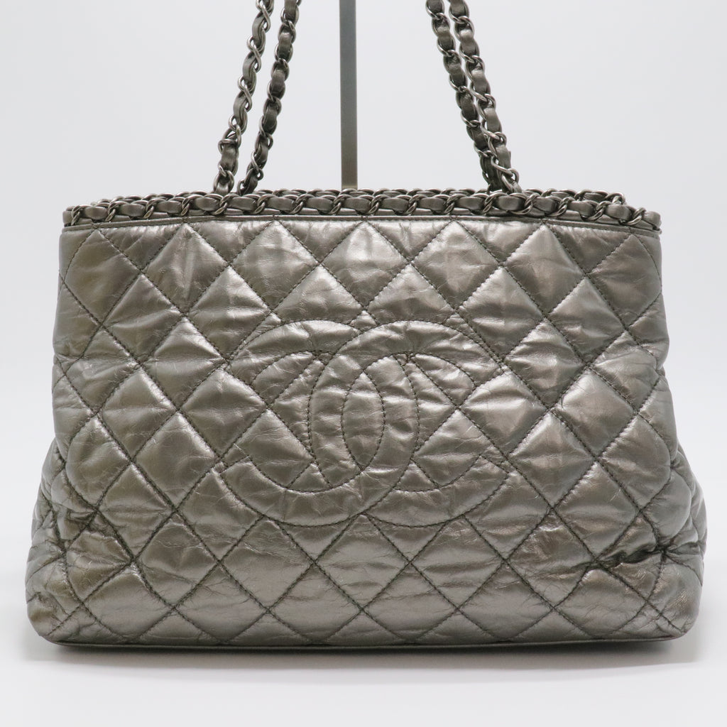 Metallic Aged Calfskin Quilted Small Chain Me Tote Silver