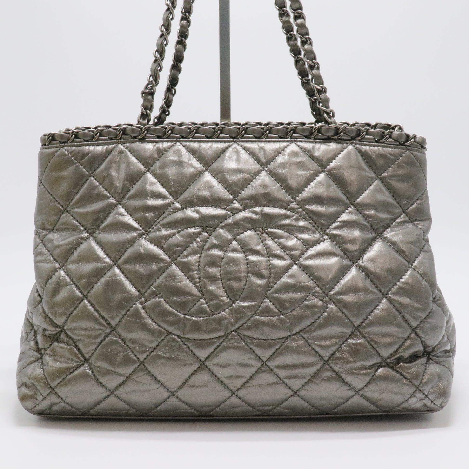 Metallic Aged Calfskin Quilted Small Chain Me Tote Silver