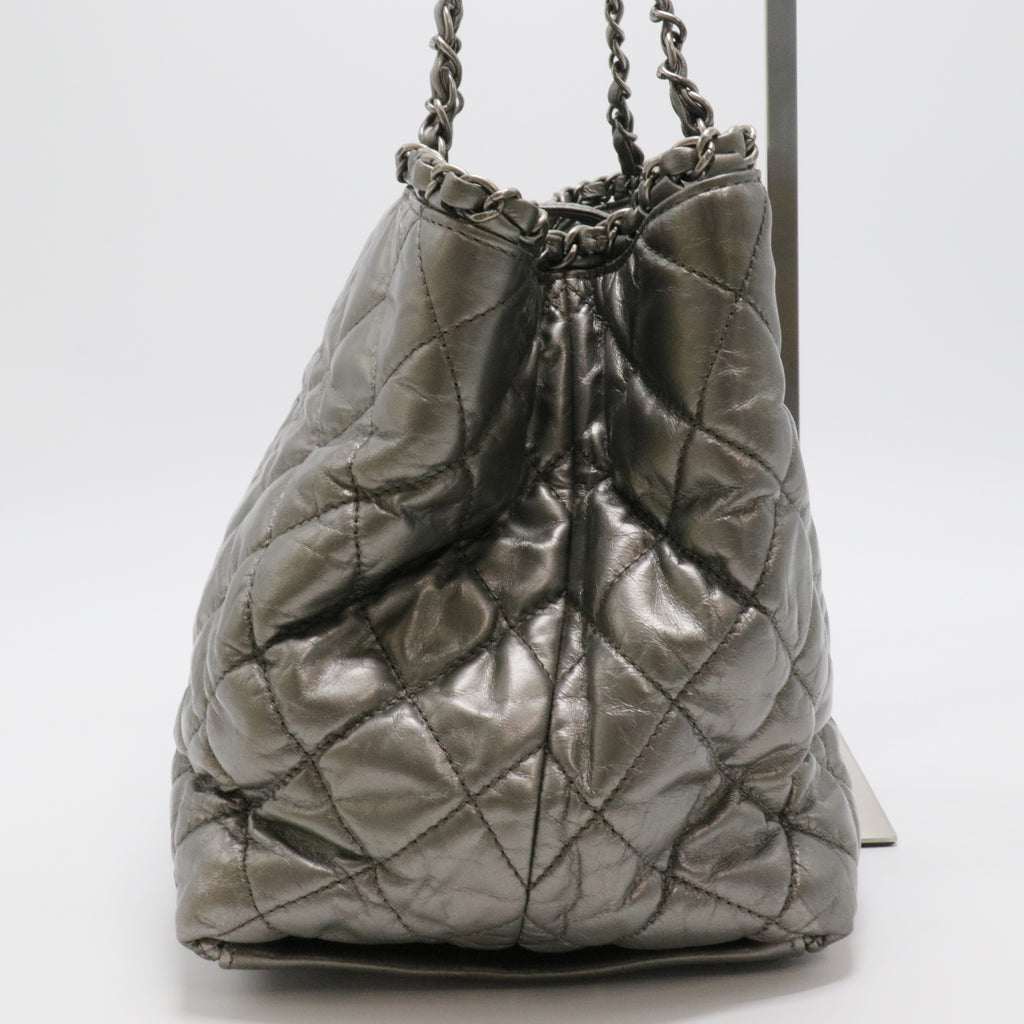 Metallic Aged Calfskin Quilted Small Chain Me Tote Silver