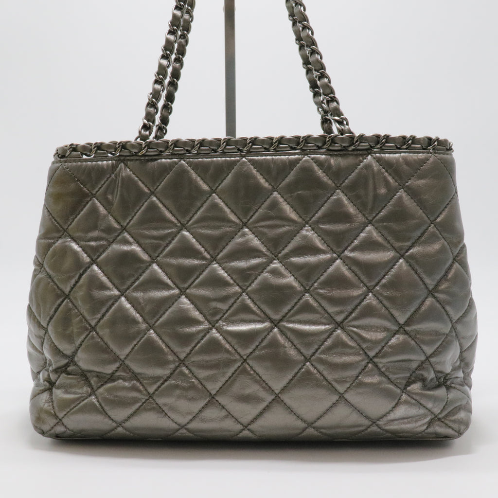 Metallic Aged Calfskin Quilted Small Chain Me Tote Silver