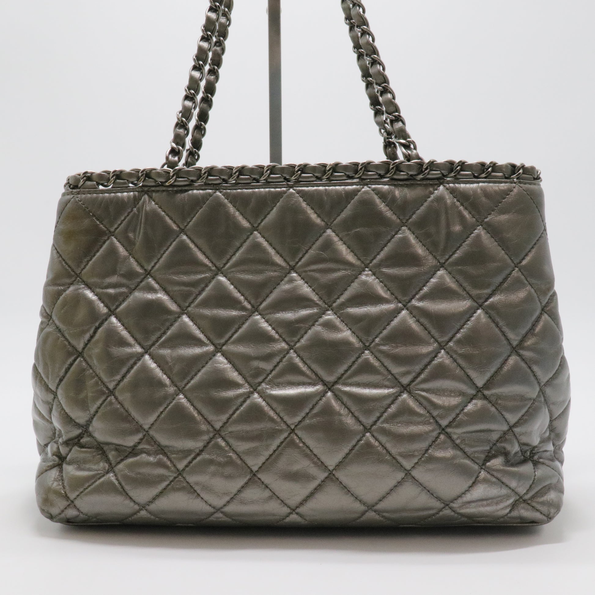 Metallic Aged Calfskin Quilted Small Chain Me Tote Silver