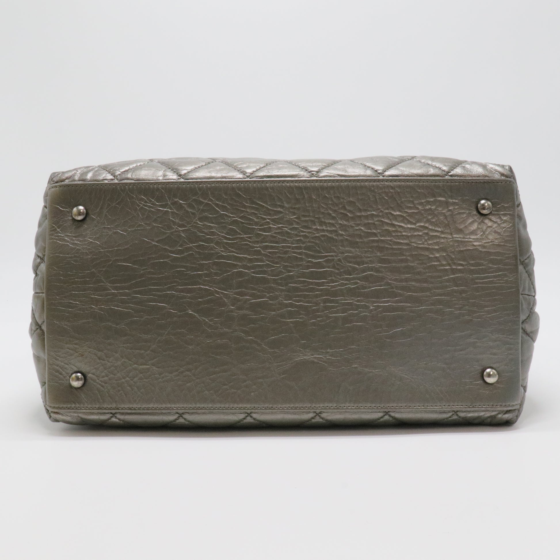 Metallic Aged Calfskin Quilted Small Chain Me Tote Silver