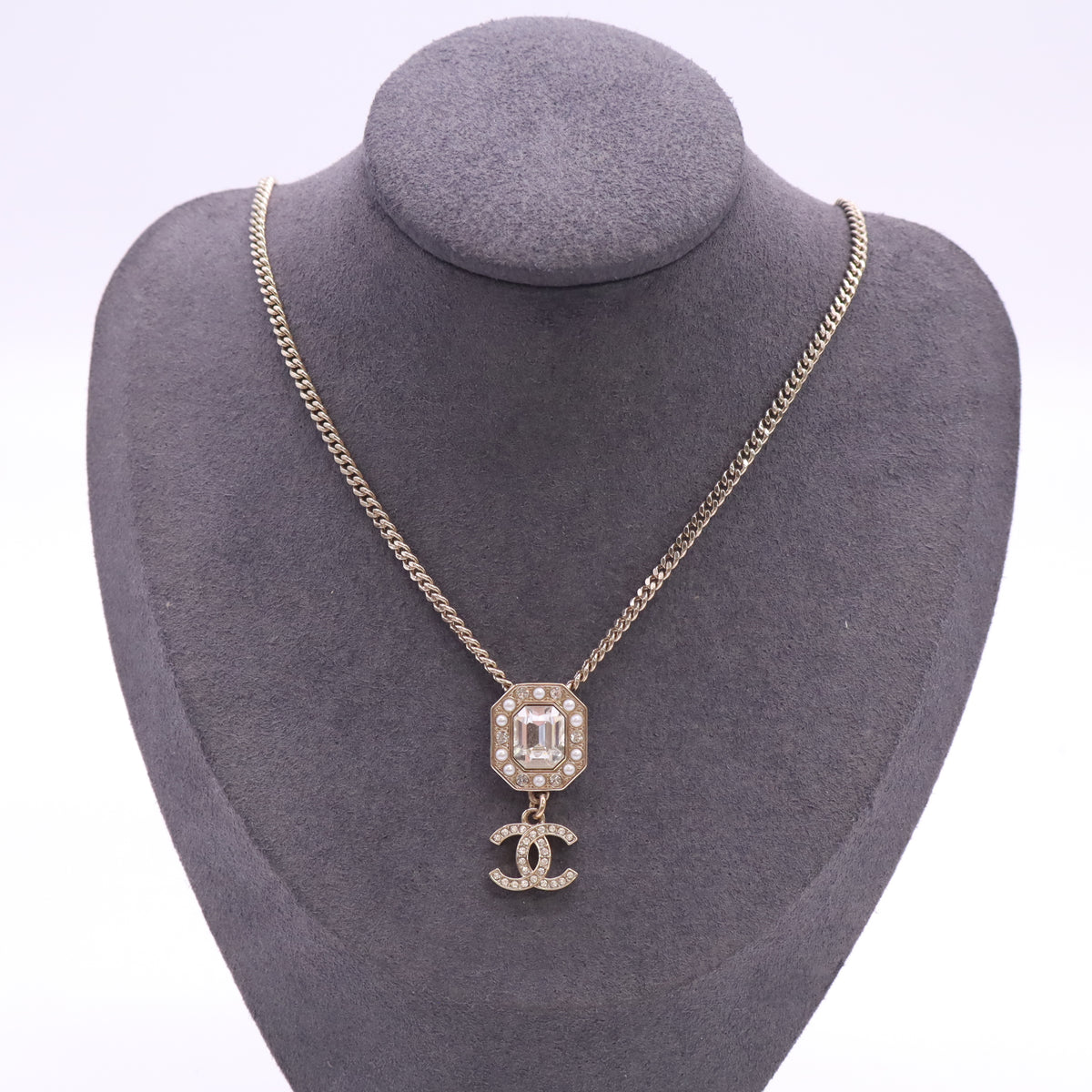 Chanel 23B CC Logo Emerald-Cut Crystal Octagon Pendant Necklace W23471