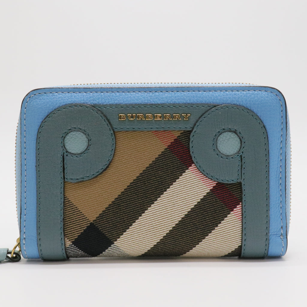 Compact Zip Wallet – Horseferry Check with Blue Leather Trim