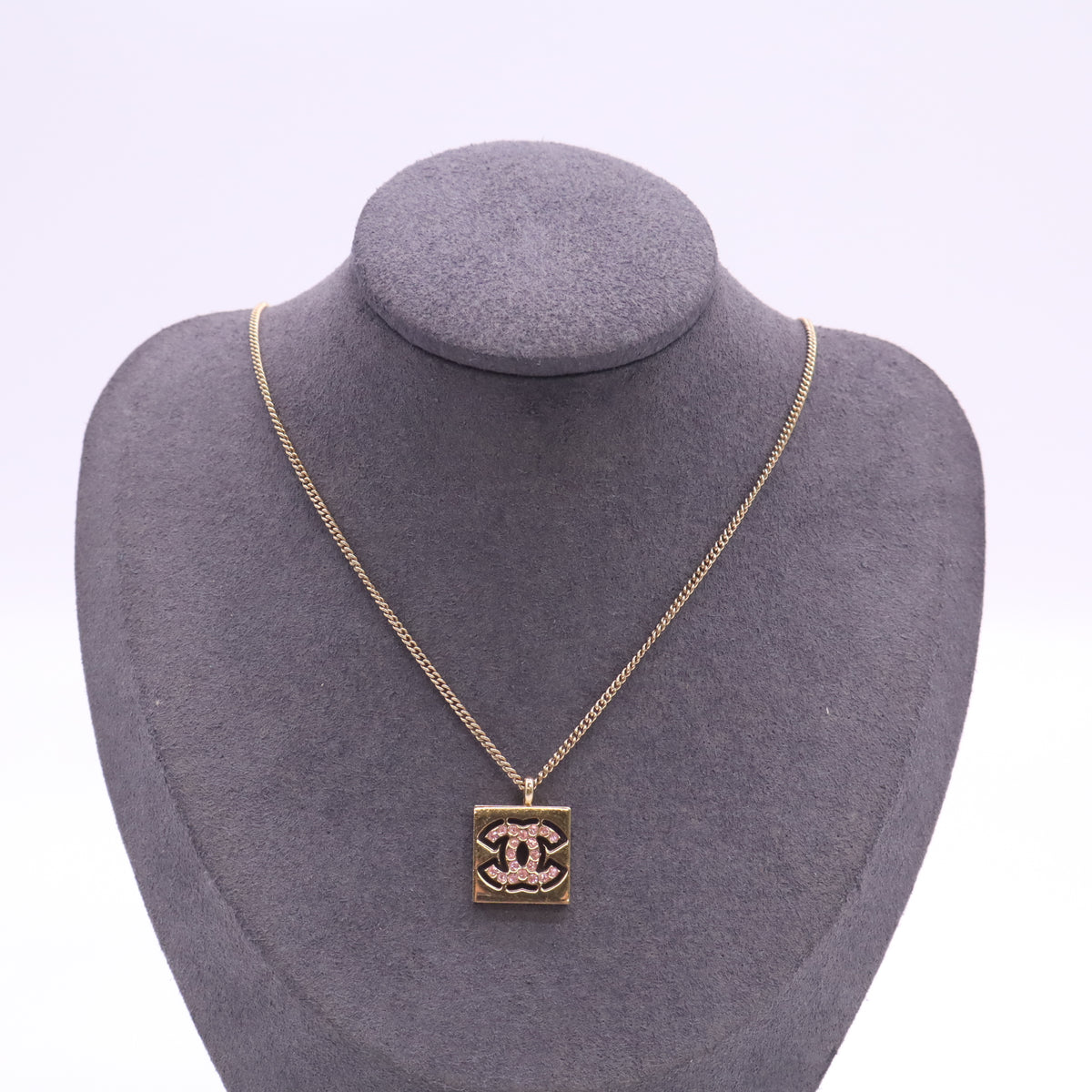Chanel Strass CC Logo Cut-Out Pendant / Square Rhinestone Necklace W23470