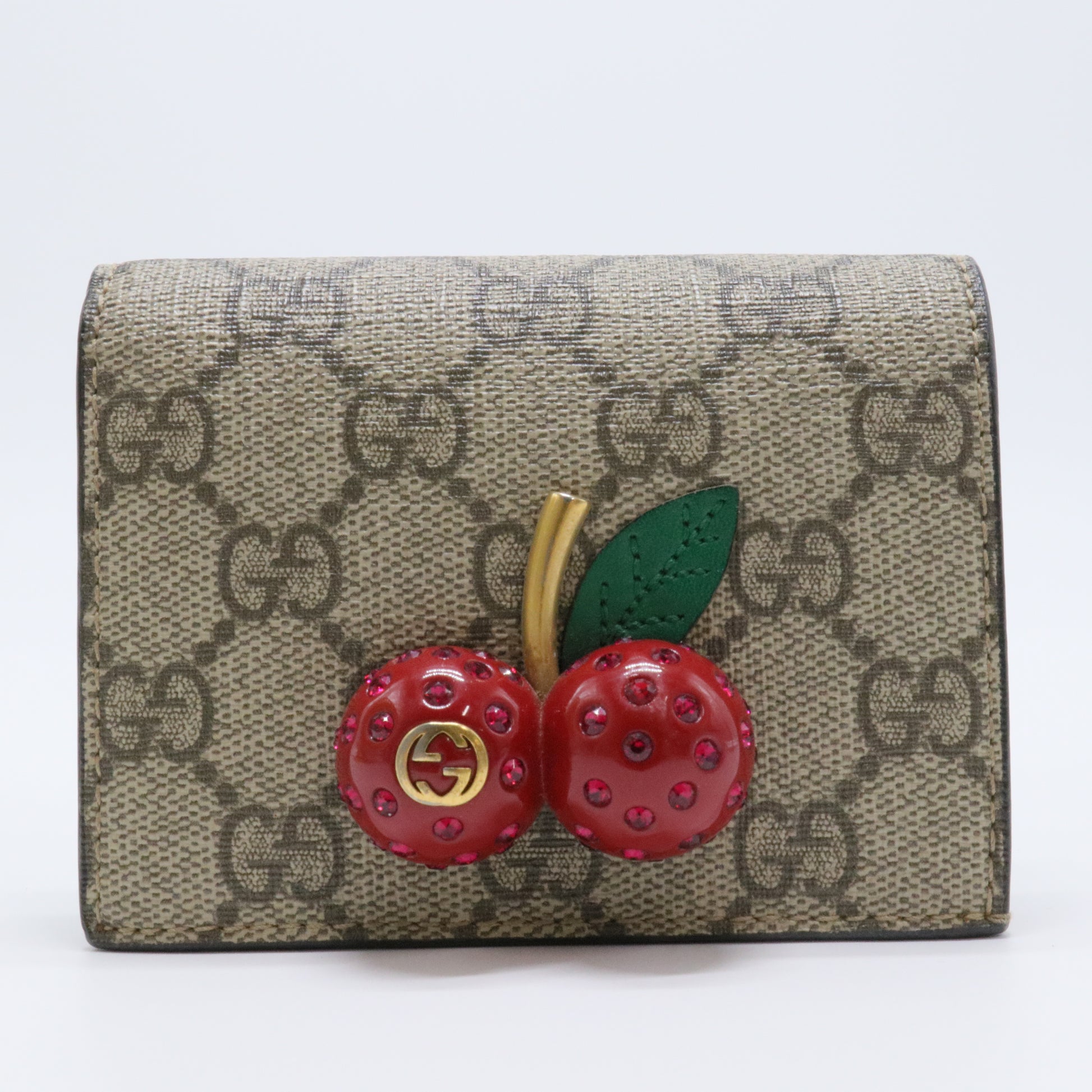 GG Supreme Monogram Cherry Embellished Card Case Wallet