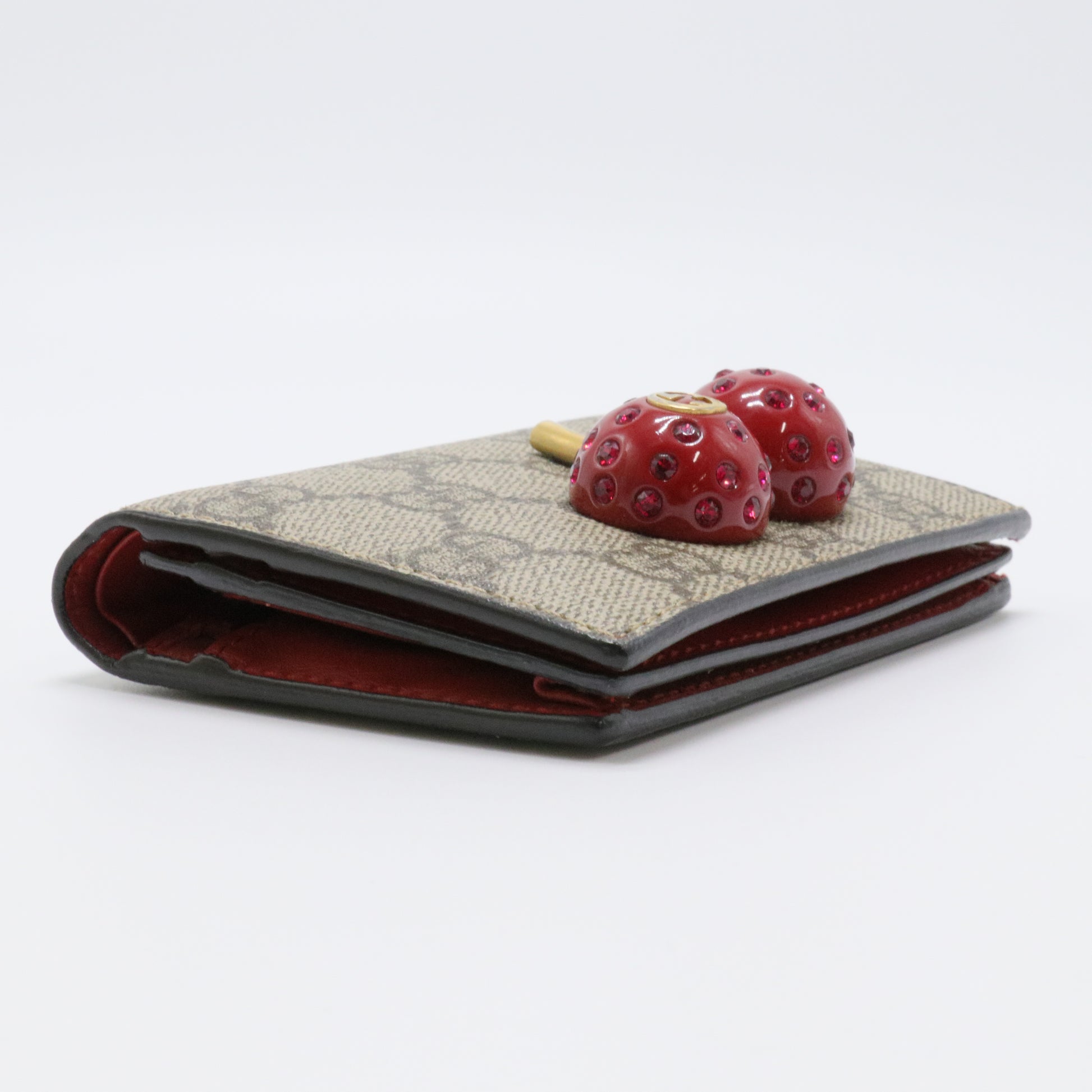 GG Supreme Monogram Cherry Embellished Card Case Wallet