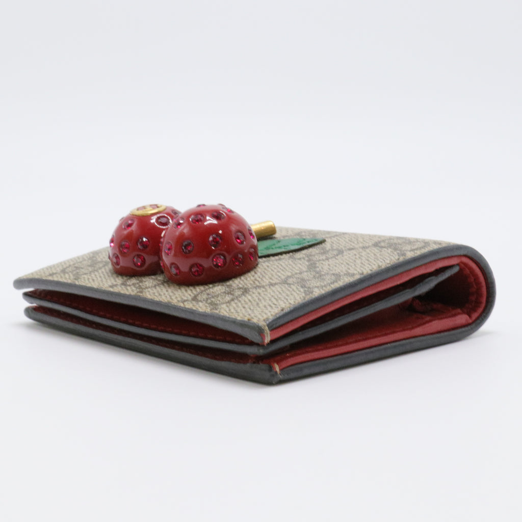 GG Supreme Monogram Cherry Embellished Card Case Wallet