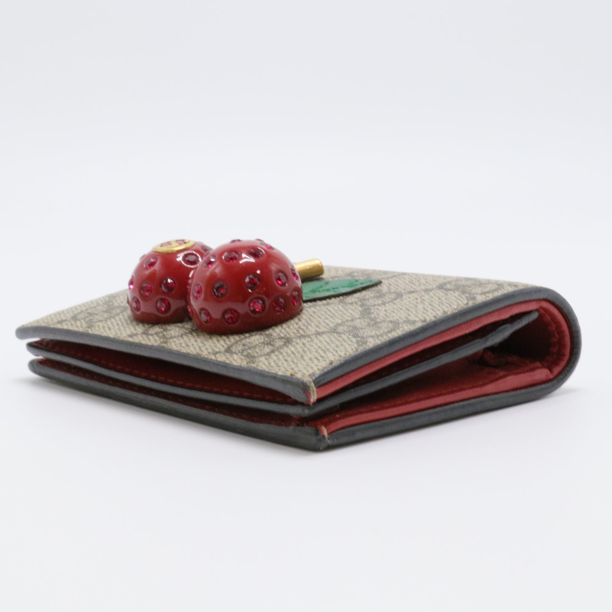 GG Supreme Monogram Cherry Embellished Card Case Wallet