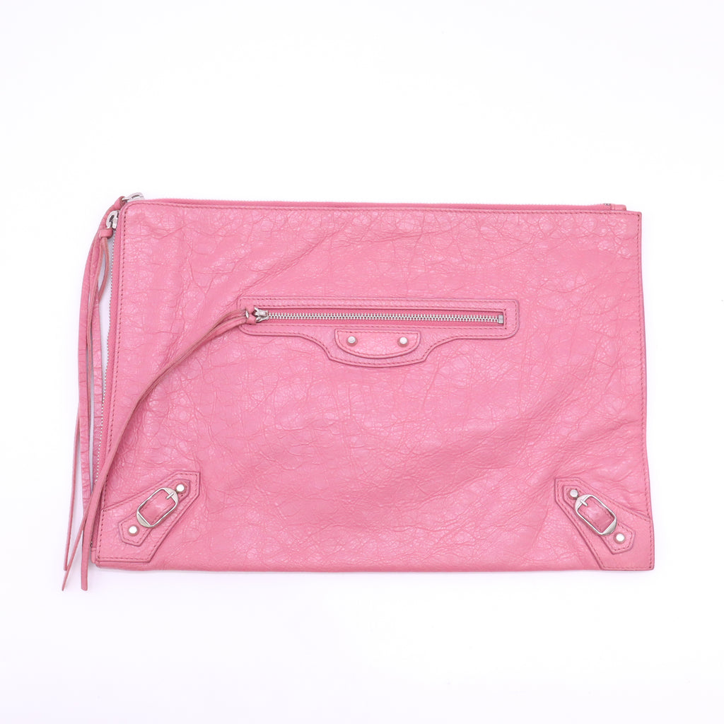 Balenciaga Pink Lambskin Motocross Classic Zip Around Flat Clutch B24718