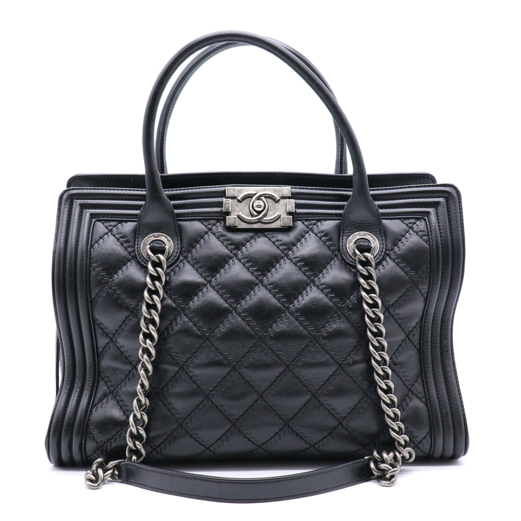 Calfskin Quilted Double Stitch Large Boy Tote Black