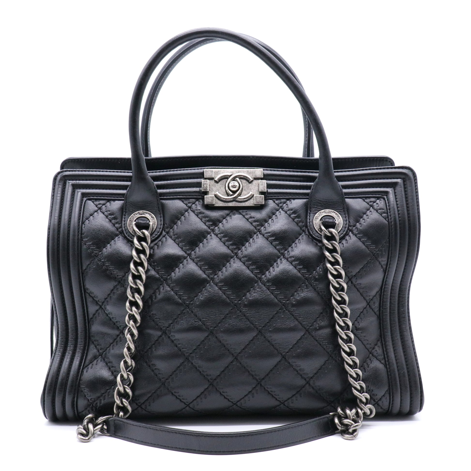 Calfskin Quilted Double Stitch Large Boy Tote Black