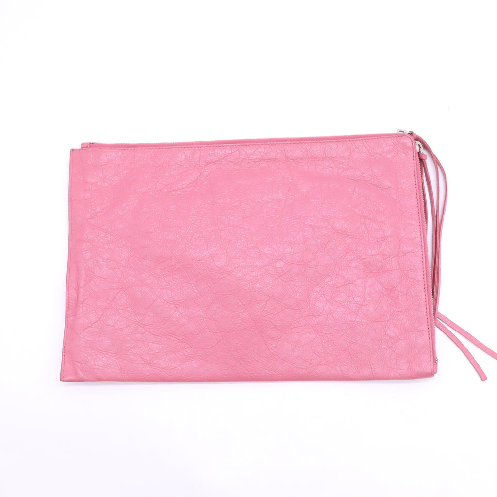 Balenciaga Pink Lambskin Motocross Classic Zip Around Flat Clutch B24718