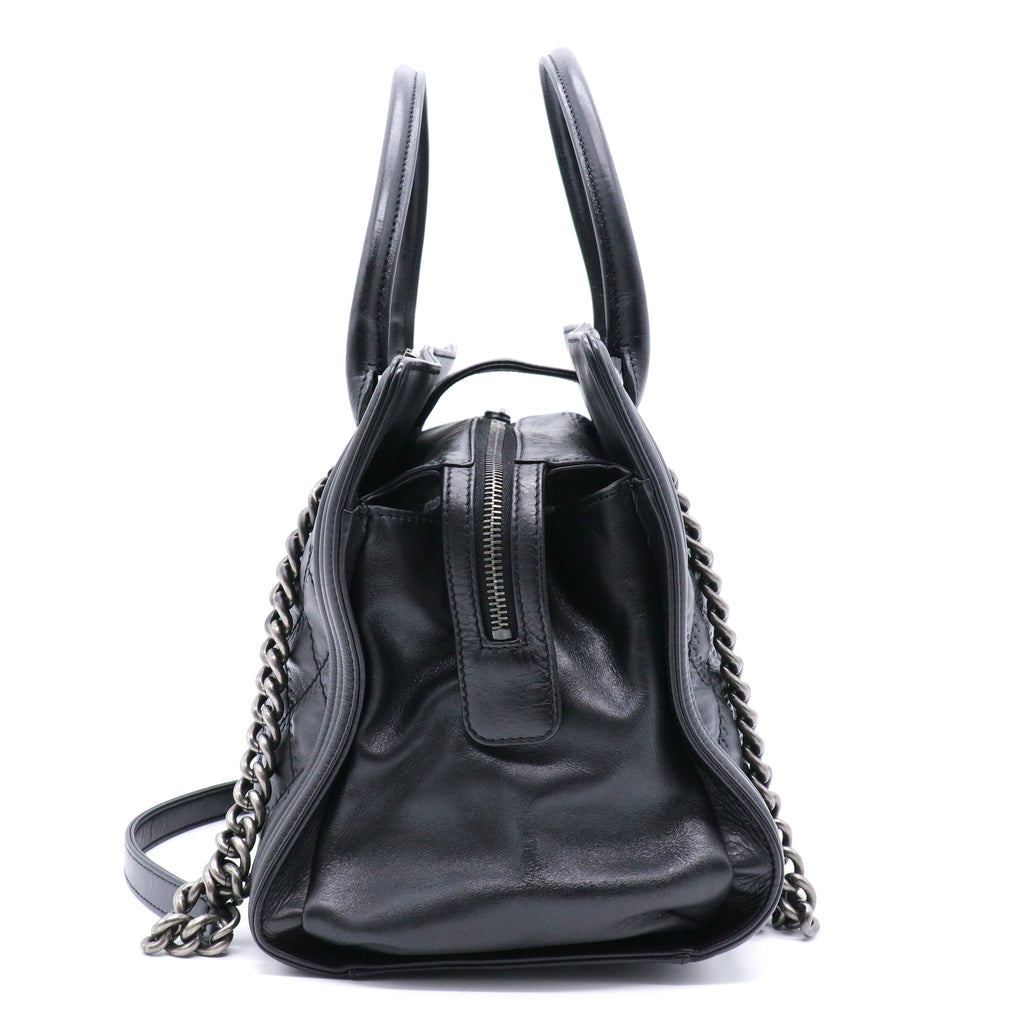 Calfskin Quilted Double Stitch Large Boy Tote Black