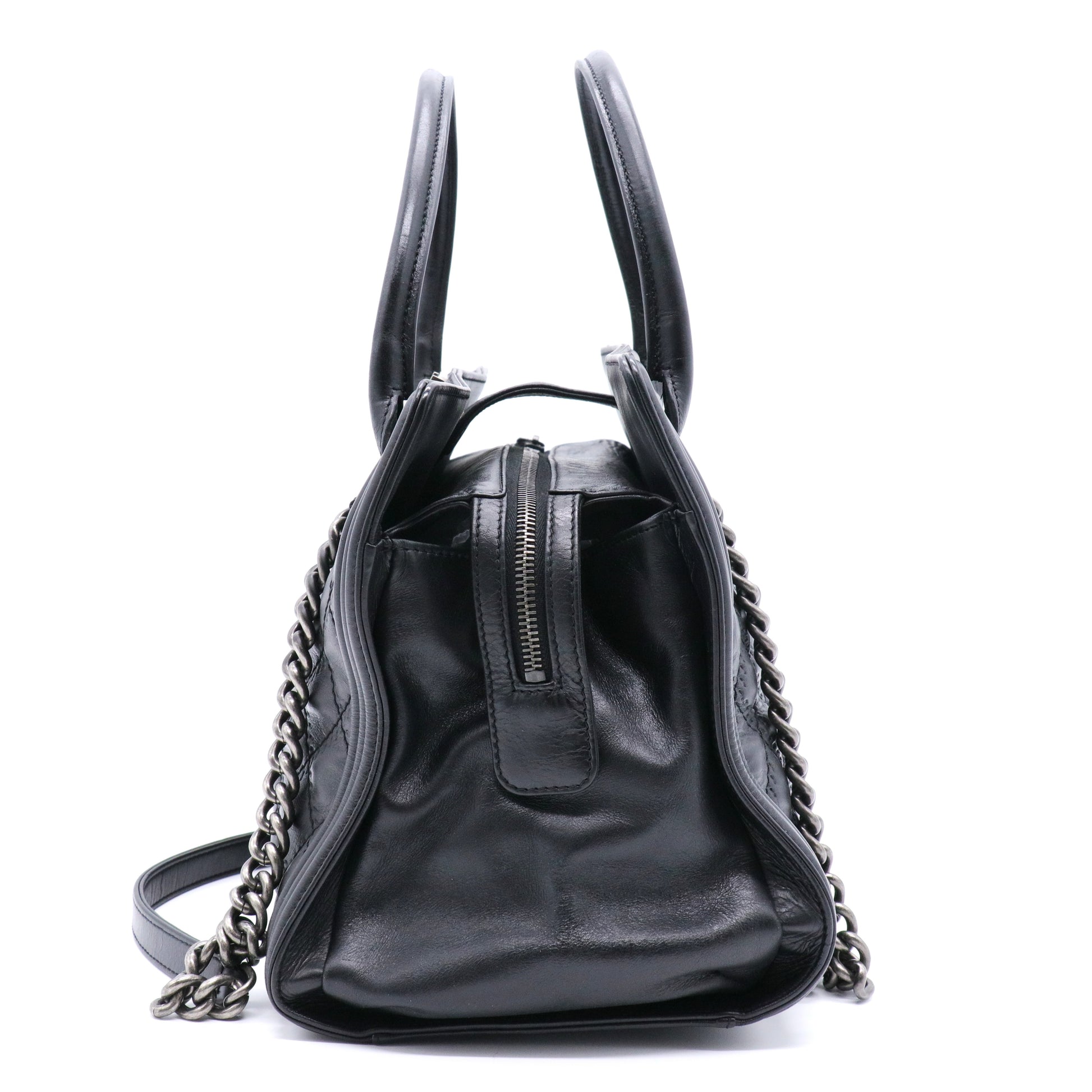 Calfskin Quilted Double Stitch Large Boy Tote Black