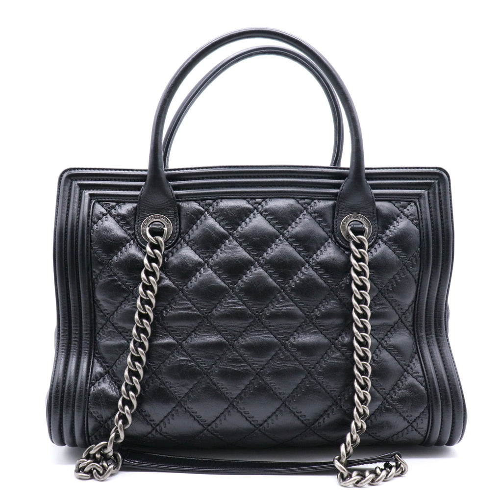 Calfskin Quilted Double Stitch Large Boy Tote Black