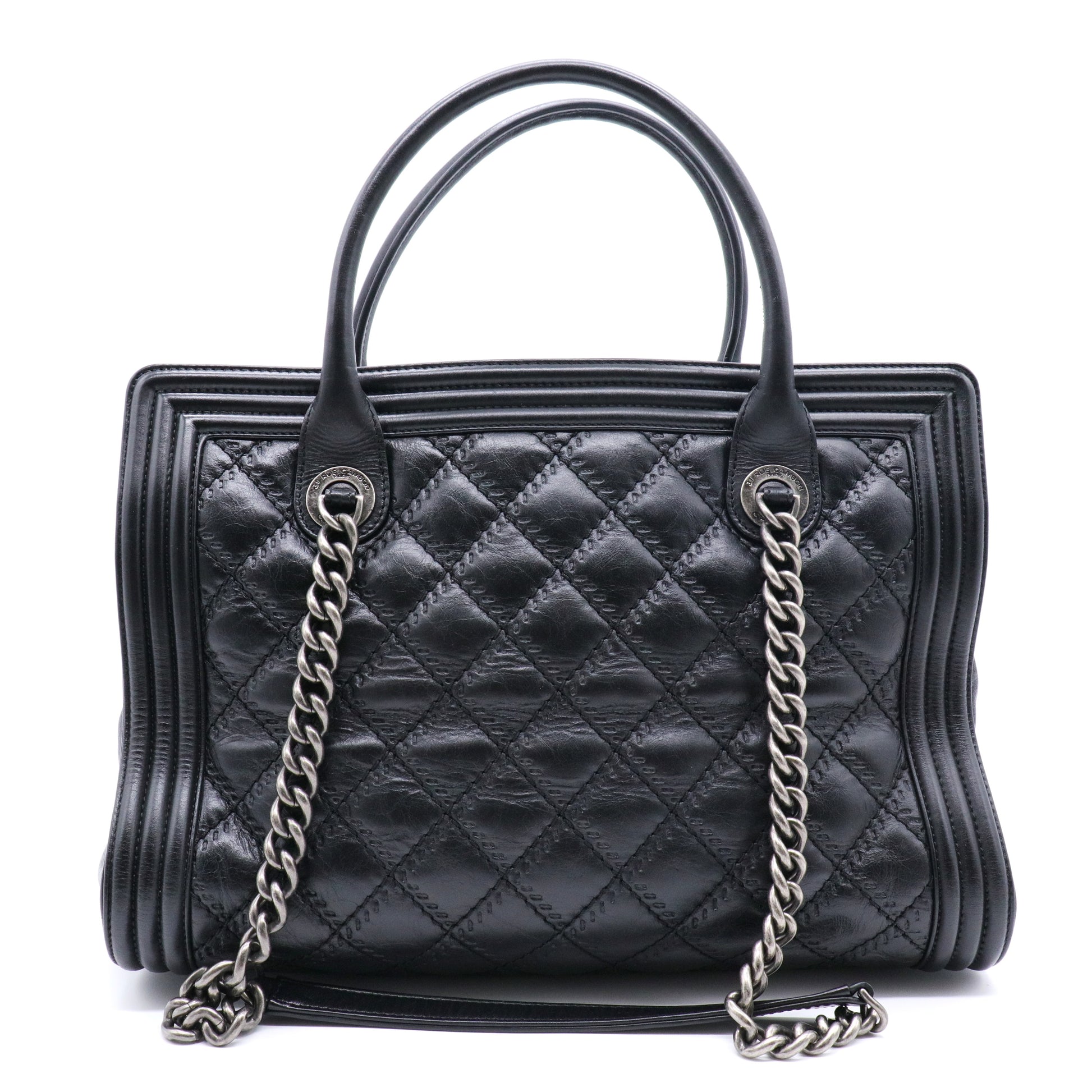 Calfskin Quilted Double Stitch Large Boy Tote Black